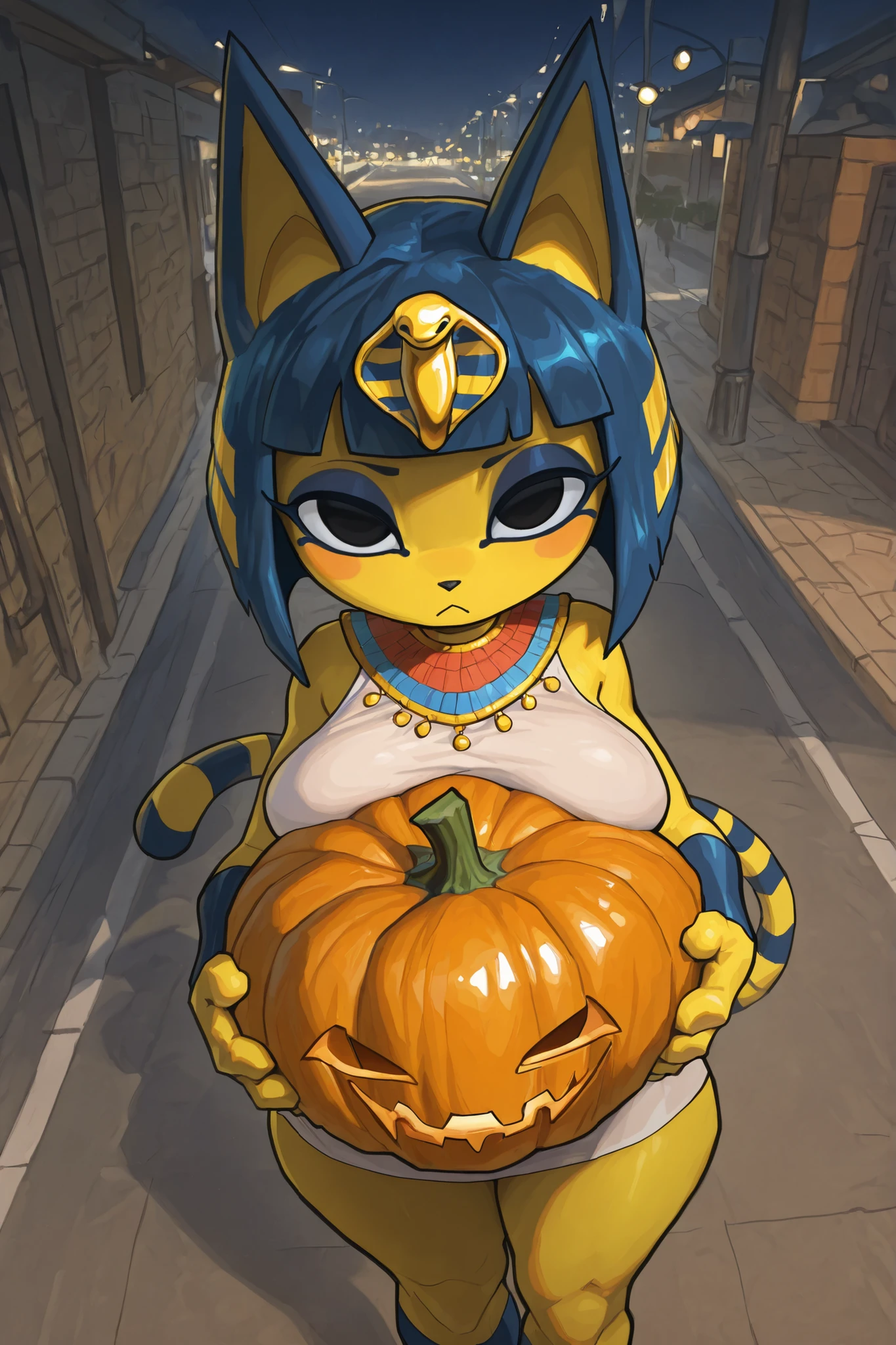 score_9, score_8_up, score_7_up, score_6_up, score_5_up, score_4_up, 
BREAK
(masterpiece: 1.0), best quality, perfect anatomy, perfect composition, perfection,
BREAK
cinematic lighting, stopu42
BREAK
beautiful eyes, upper body, Outdoors, night time, suburbs, street light, Dynamic pose, dynamic angle, feet out of frame, 1girl, solo, looking at viewer, ankha, ankha (animal crossing), furry, anthro female, yellow fur, blue hair, short hair, hikimayu, two-tone hair, shortstack, thighs, Holding pumpkin bag, viewed from above, looking up at viewer , Painterly, hyperdetailed painting, impressionism, Painterly, Expressive, 