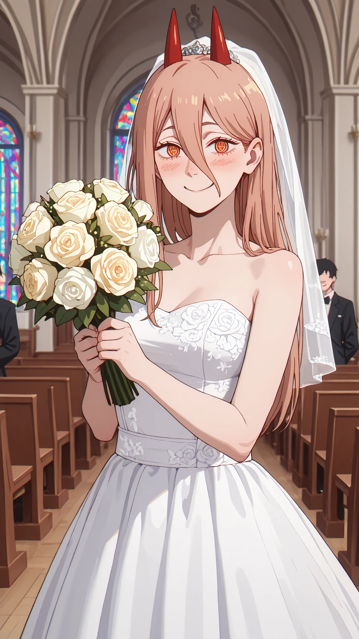 Anime - style image of a bride in a wedding dress holding a bouquet ...