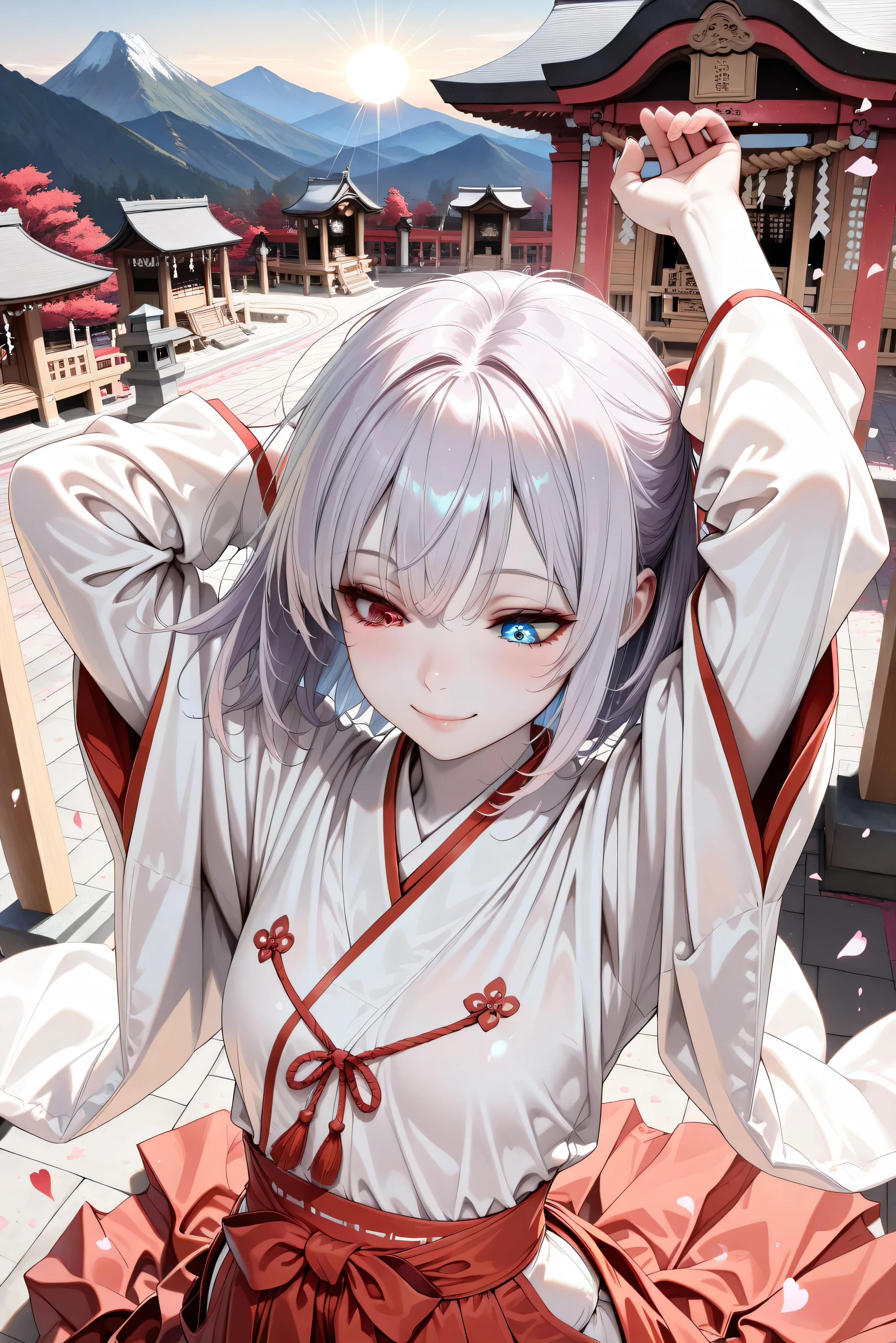 ((Top quality, super detailed, masterpiece, wallpaper, super realistic, highest photo resolution, 8K)), ((Many dogwood petals dancing in the wind)), ((Heterochromia , red eyes, blue eyes)), (Best portrait), ((Sparkling and detailed eyes)), ((Wearing a shrine maiden outfit and long red hakama)), ((Human shrine maiden with odd eyes)), ((Heterochromia, red eyes, blue eyes)), ((Exquisitely detailed eyes)), (Very detailed face), (Long silver and purple hair), ((Anatomically accurate depiction)), ((Detailed depiction down to the fingertips)), (One girl), (Solo), (Narrow eyes, pale cheeks, glowing skin, glossy lips, face lighting), ((Translucent white skin)), (Standing posture: 1.0), (small breasts), slim body, (thin thighs), (thin waist), ((wearing a shrine maiden outfit and stretching)), ((with hands behind head)), ((bathing in the morning sun on the mountaintop of the shrine, stretching with hands behind head)), ((shrine outfit), shrine maiden), ((wearing long red hakama)), ((shrine maiden's sokutai)), ((bright smile)), (shrine maiden outfit), (long sleeves), (long hakama: 1.2), (countless dogwood petals dancing in the wind), ((hair blowing in the wind)), ((from above, upper body, looking down)), (mountaintop where the inner shrine of the shrine is located), bathing in the morning sun, ((stretching)),
