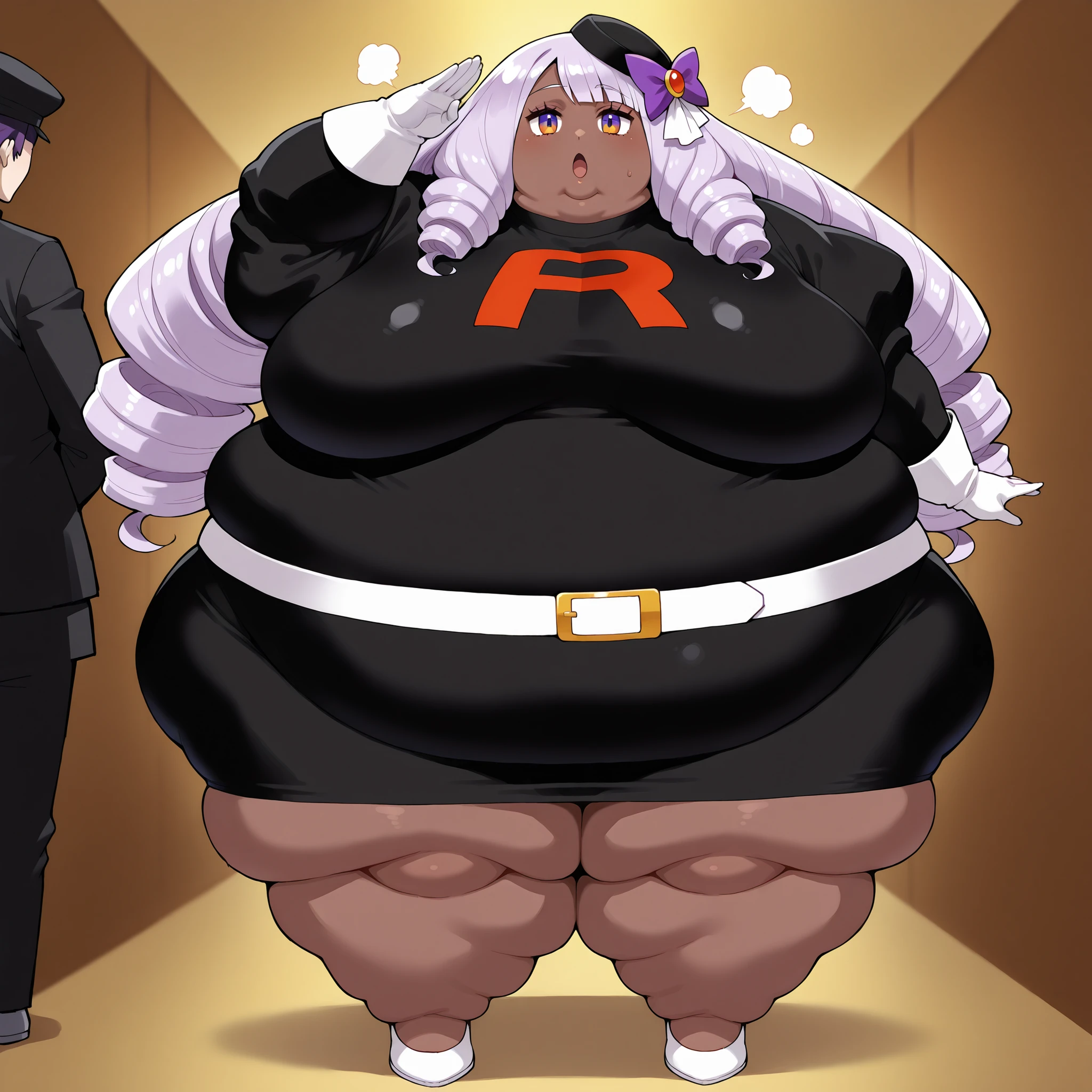 jacinthe, long hair, bangs, purple hair, dark-skinned female, drill hair,multicolored eyes, hair ornament,  team rocket uniform, black hat, black shirt, black skirt, white belt, white gloves, single letter,, fat, chubby, obese, fat neck, multiple chins, big breasts open mouth, out of breath, Larger female, full body shot, salute 