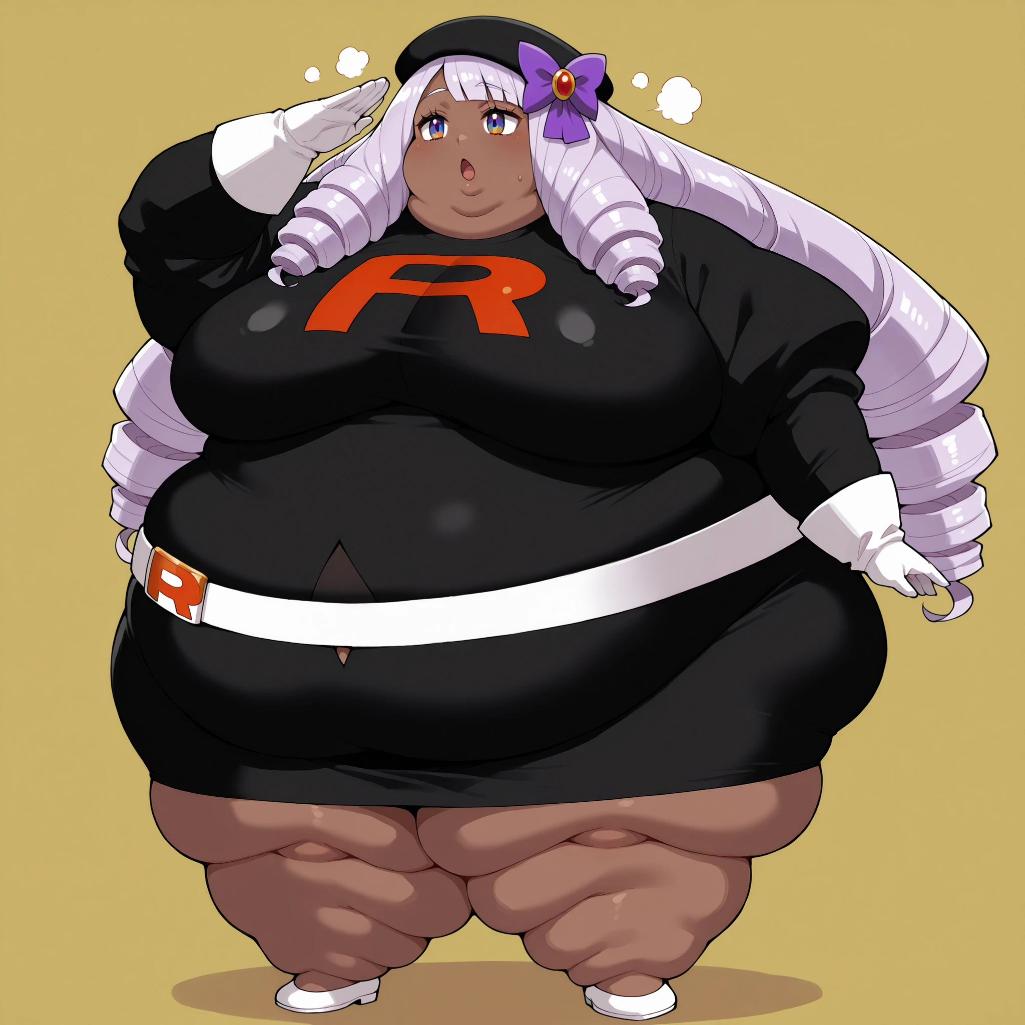 jacinthe, long hair, bangs, purple hair, dark-skinned female, drill hair,multicolored eyes, hair ornament,  team rocket uniform, black hat, black shirt, black skirt, white belt, white gloves, single letter,, fat, chubby, obese, fat neck, multiple chins, big breasts open mouth, out of breath, Larger female, full body shot, salute 