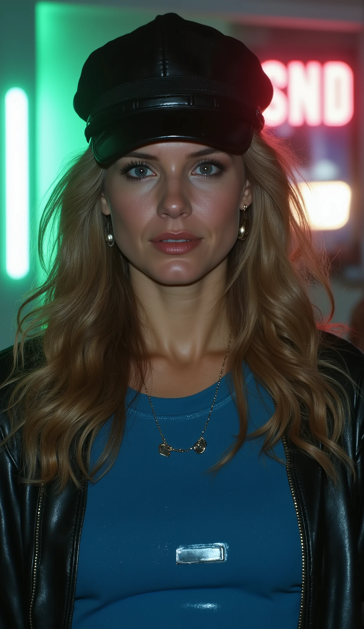 Kelly Preston with blue shirt glued to her body and black tactical beret in the background, white neon pilasters, walls with high-quality reflections, neon black and green with broken windows in the highest quality in 64k and tactical people, pilasters and red particles in the background in high quality, blurry and blurry background