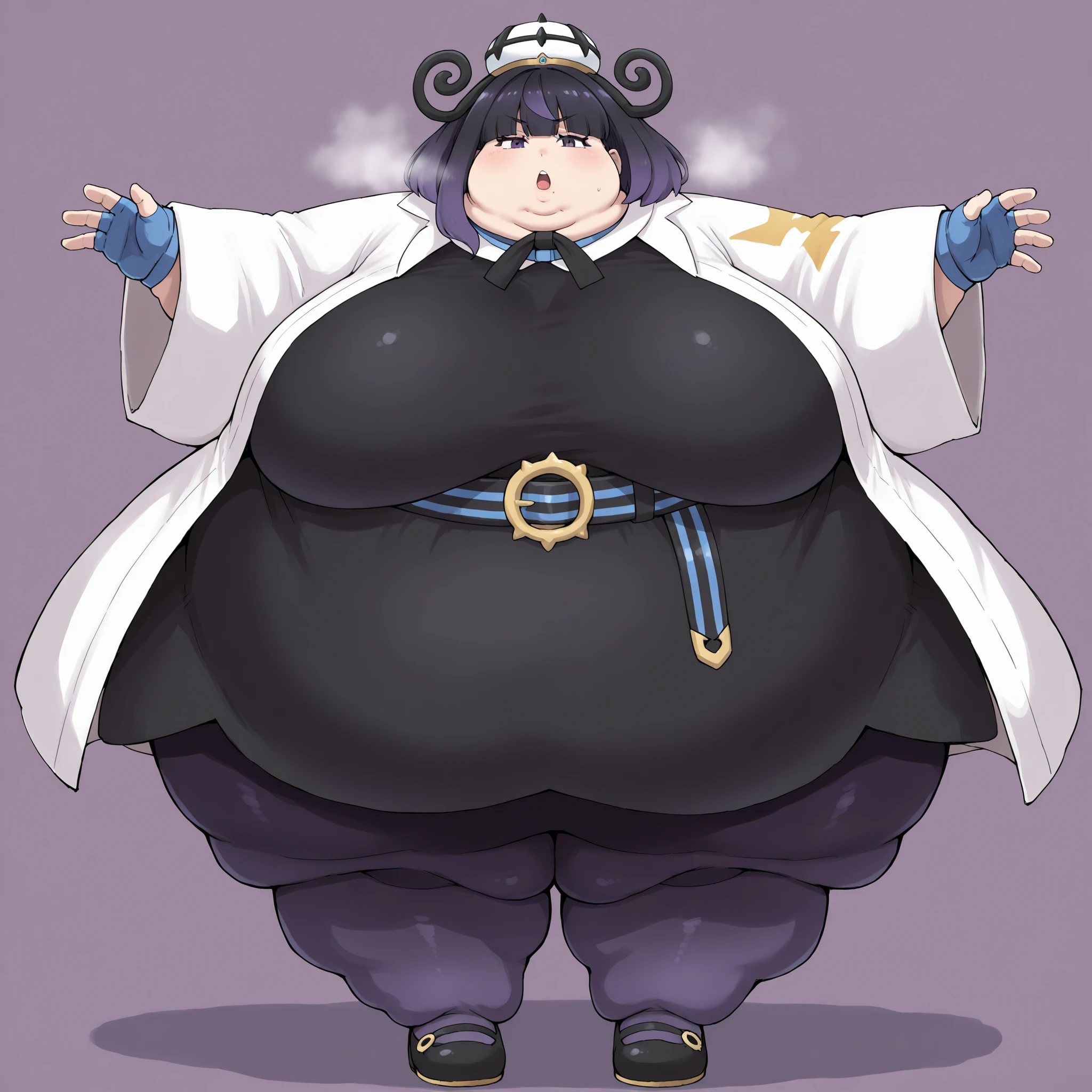 gwynn, gwynn \(pokemon\), gradient hair, black hair, purple hair, short hair, asymmetrical sidelocks, bob cut, purple eyes, aged up
hat, character hat, white headwear, neck ribbon, black ribbon, open coat, white coat, long sleeves, wide sleeves, blue gloves, partially fingerless gloves, black dress, belt, gradient pantyhose, black pantyhose, purple pantyhose, shoes, mary janes, black footwear, fat, chubby, obese, fat neck, multiple chins, big breasts open mouth, out of breath, Larger female, full body shot, only head, large head, oversized limbs, large hands, large feet, oversized feet, oversized fingers, big lips, plump lips, fat face, fupa, big fupa, fat fupa,