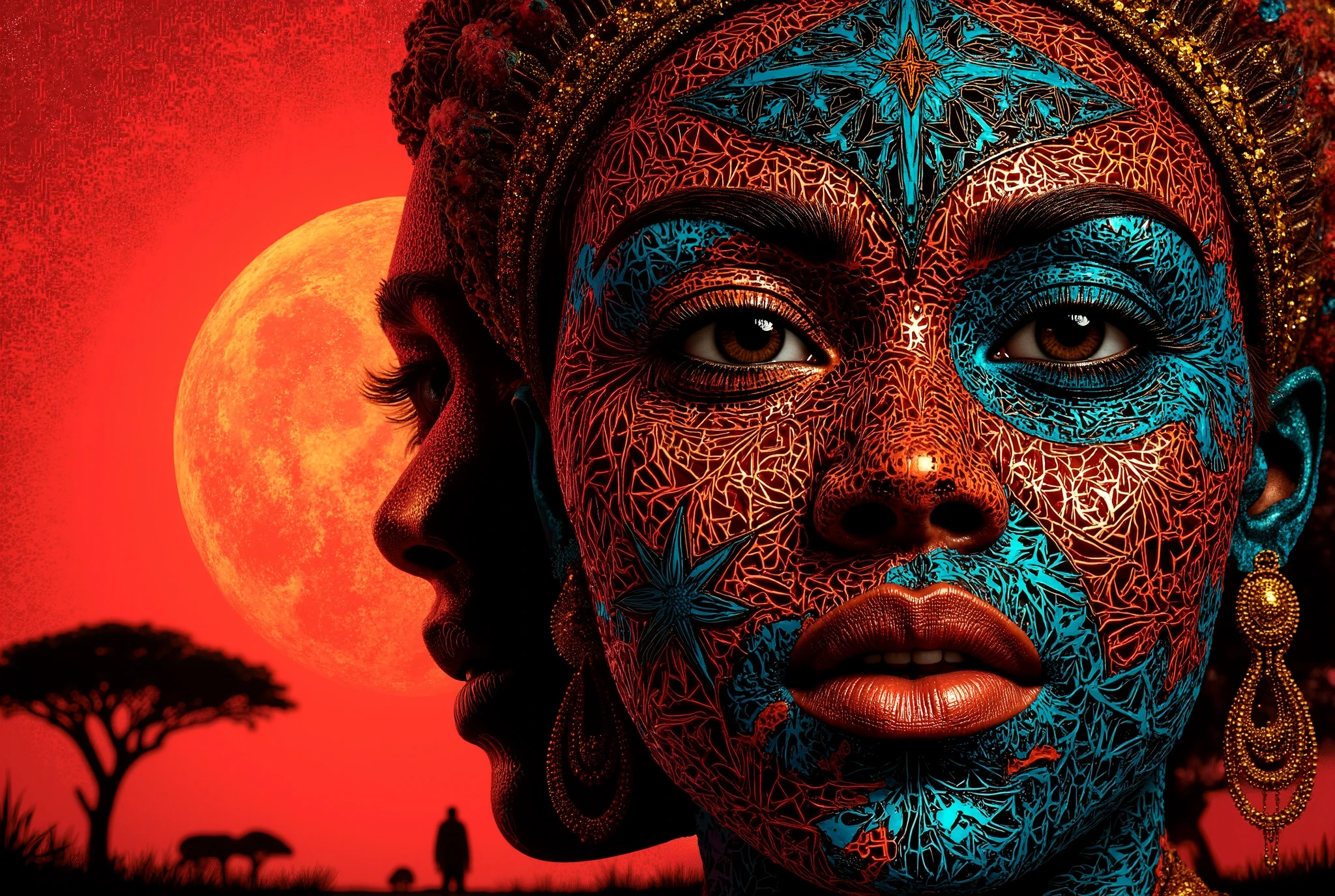Beautiful woman face rendered as a Tribal Savanna Silhouette Mosaic, featuring intricate patterns inspired by African tribal art. Use bold crimson and indigo to create a striking contrast against a sunset-hued background --ar 3:2 --v 7.0