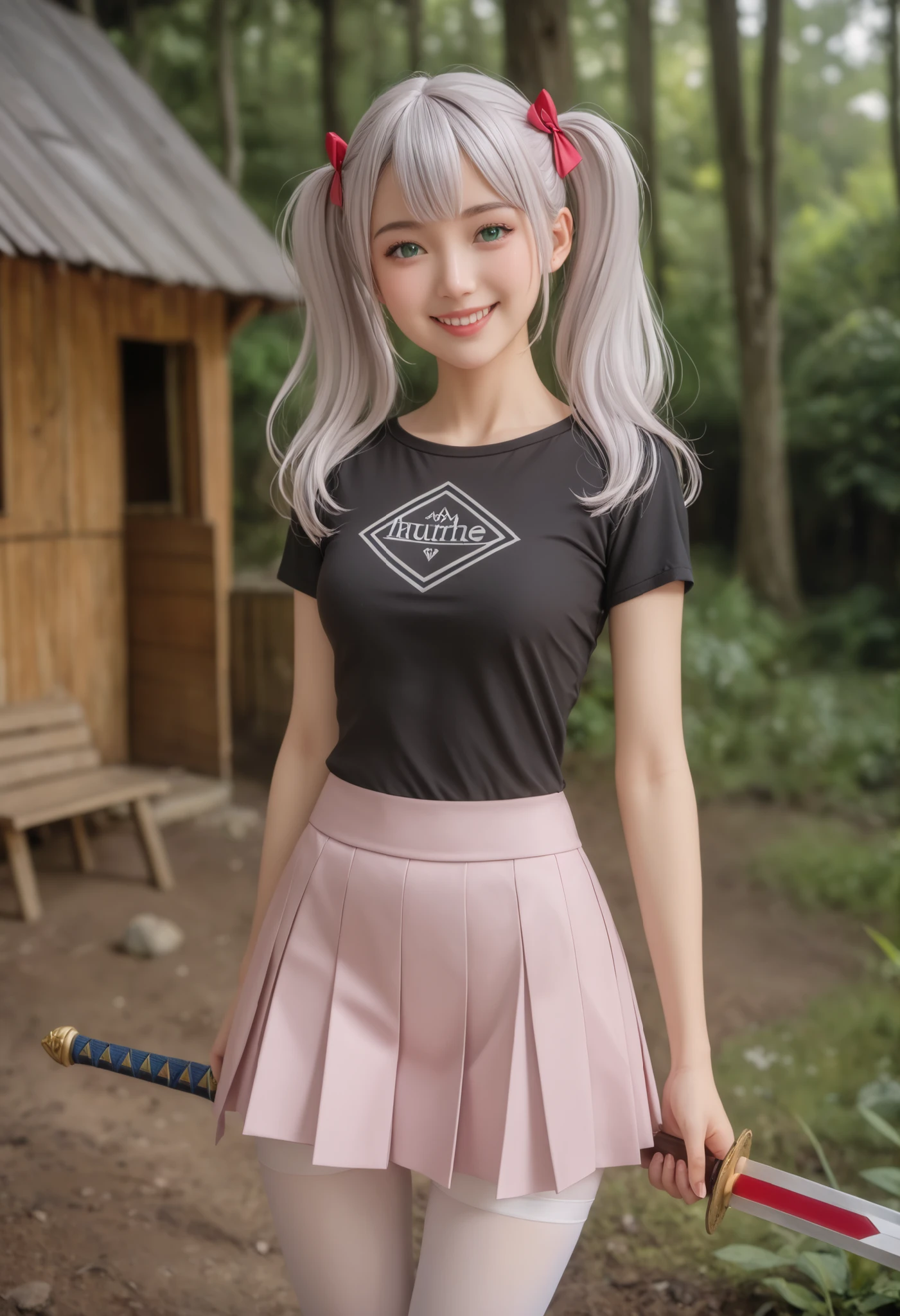 （（（ＳＦＷ、Highest quality、A first-class masterpiece、normal body 、32K、detailed face、Ultra High Accuracy、Normal hand、Highest）））、Miles/mile、Adele Von Ascum、Beautiful girl、Pink silver hair、twin tails、Blue-green eyes 、Slim、slender、Adventurer、black shirt、Leather Breastplate、white tights、mini skirt、Sword、Smile、Dungeon Exploration、Great Forest、Hut、cabin、live-action