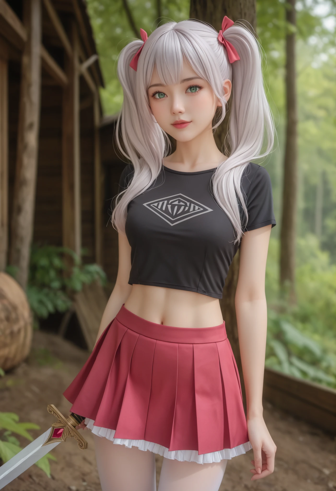 （（（ＳＦＷ、Highest quality、A first-class masterpiece、normal body 、32K、detailed face、Ultra High Accuracy、Normal hand、Highest）））、Miles/mile、Adele Von Ascum、Beautiful girl、Pink silver hair、twin tails、Blue-green eyes 、Slim、slender、Adventurer、black shirt、Leather Breastplate、white tights、mini skirt、Sword、Chopping firewood、Dungeon Exploration、Great Forest、Hut、cabin、live-action