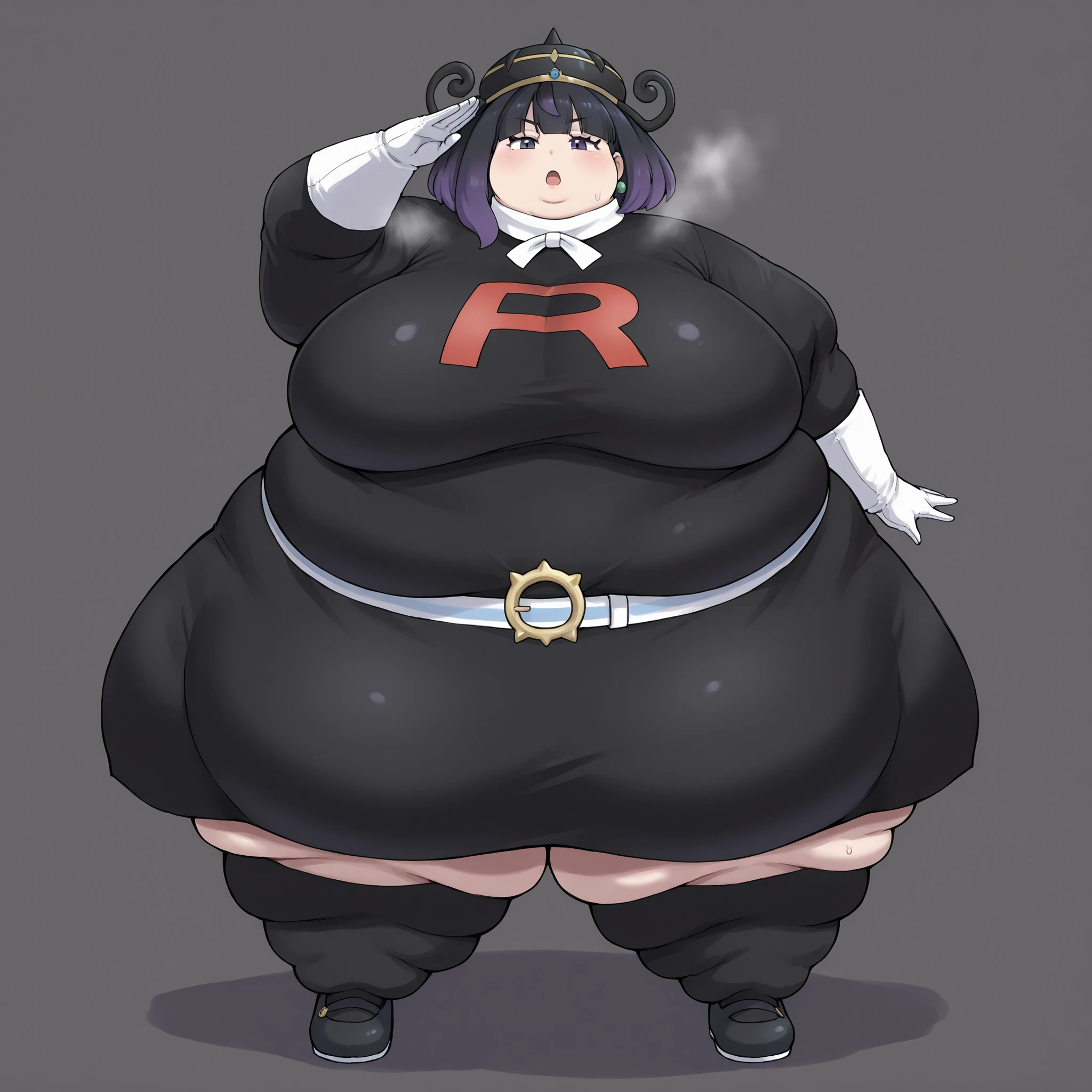 gwynn, gwynn \(pokemon\), gradient hair, black hair, purple hair, short hair, asymmetrical sidelocks, bob cut, purple eyes, aged up,  team rocket uniform, black hat, black shirt, black skirt, white belt, white gloves, single letter,, fat, chubby, obese, fat neck, multiple chins, big breasts open mouth, out of breath, Larger female, full body shot, salute 