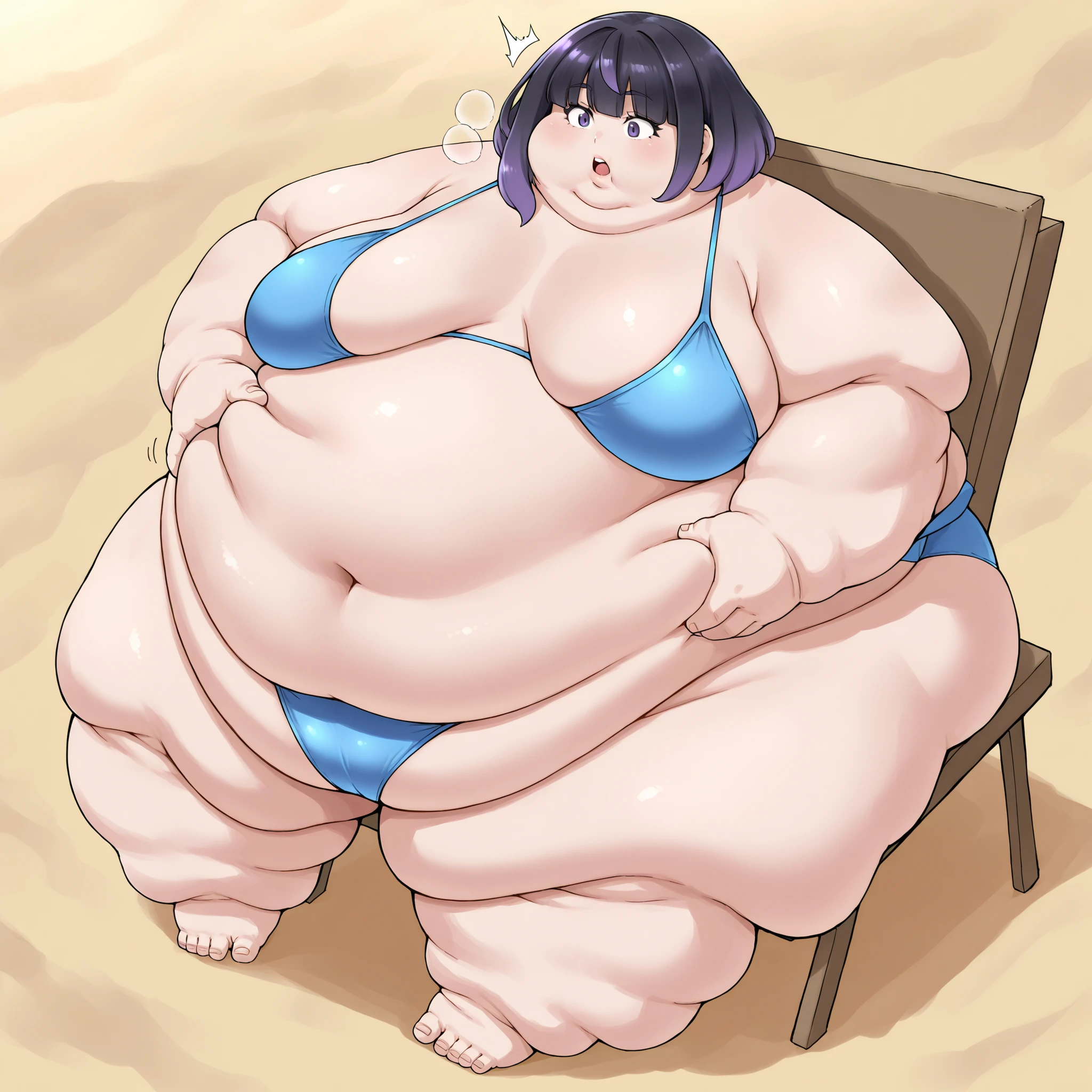 gwynn, gwynn \(pokemon\), gradient hair, black hair, purple hair, short hair, asymmetrical sidelocks, bob cut, purple eyes, aged up,  bikini, beach, fat, chubby, obese, fat neck, multiple chins, big breasts open mouth, out of breath, Larger female, full body shot, only head, large head, oversized limbs, large hands, large feet, oversized feet, oversized fingers, big lips, plump lips, fat face, fupa, big fupa, fat fupa, sitting on chair, one hand touching face, one hand touching stomach, surprised reaction 