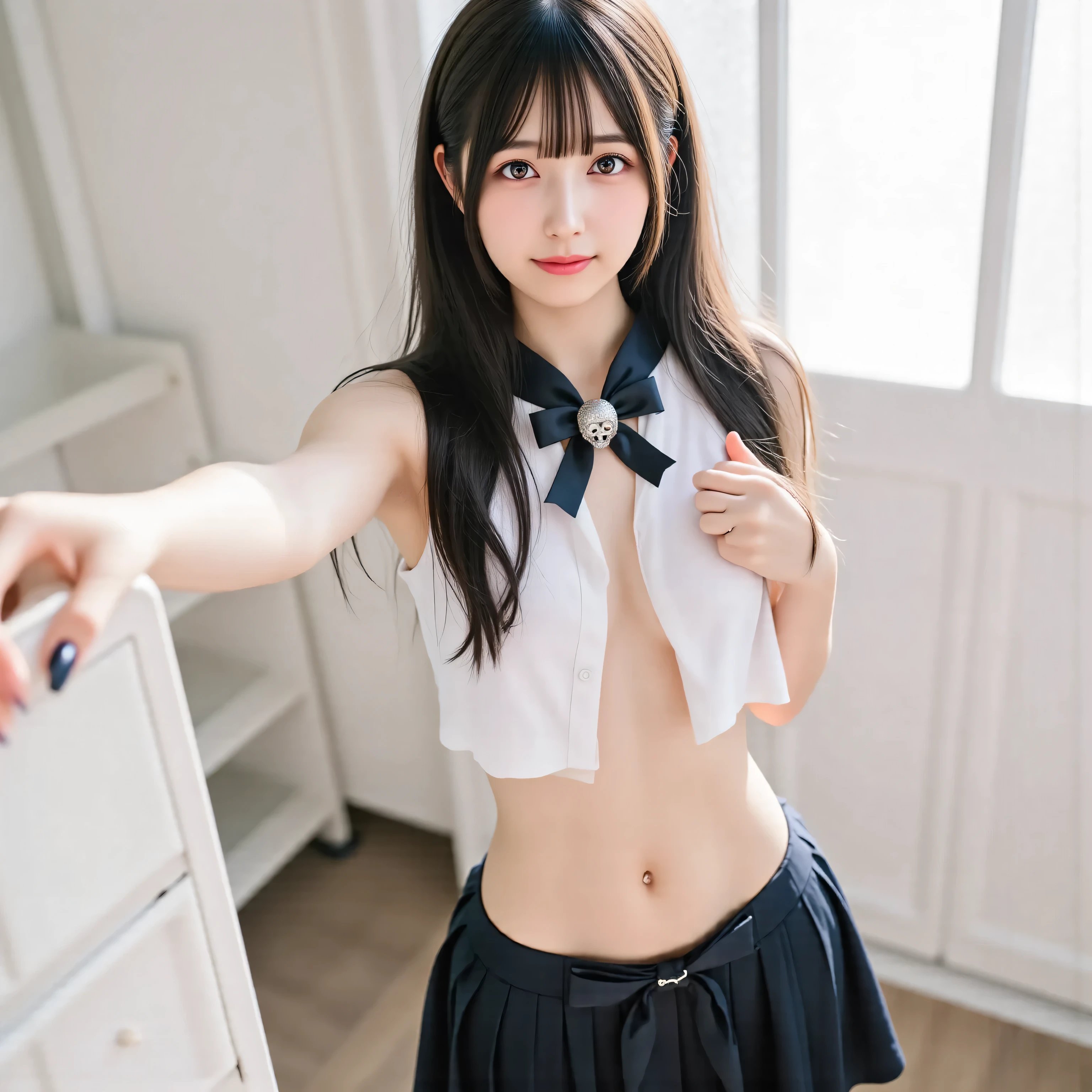 arafed asian woman in a black skirt and a white shirt posing for a picture, japanese school uniform, japanese girl school uniform, wearing japanese school uniform, cute schoolgirl, jk uniform, beautiful anime high school girl, loafers, Open belly, See the belly, low waist mini skirt, Skirt open,Skirt in half,Open Skirt,Not wearing underwear,No Panties,without underwear, wear black thigh high socks, black bowtie,(large sparkling skull jewelry), skull brooch, long black hair straight, video, long foot, slender, young gravure idol, realistic young gravure idol, young pretty gravure idol, young skinny gravure idol, japanese model, 1 person, Full body standing pose, after vaginal, amateur, flash photo, sleeveless, seductive pose, seductive smile, cowgirl position, open legs, crawling position on hands and knees, kneeling pose, Blowjob, Cowgirl, sleeveless, ニーソックス, (over-knee socks), オーバーニーソックス, black nails, black ribbon in her hair, Her uniform is decorated with sparkling skull-shaped decorations, wheat-colored skin, dark skin, stomach cutout, Skirtlift, 寝室, bed room, stunning breast, Deep focus,