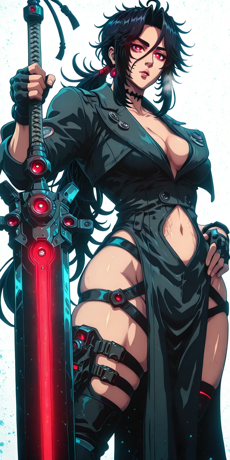 Ggstduel, L_Cation2, Babu-style, Hgk, (citemer-style:1.4), (hua-j-style:1.3), (gin_moku-style:1.2), (imizu_(nitro_unknown)-style:1.3), (haikawa_hemlen-style:1.5), (anime coloring, anime screencap), shiny skin, (voluptuous body:1.4), (mature female:1.4), (cellulite:1.3), ((anatomical correct)), ((Cinematic, unreal engine, eye-catching, ambient occlusion, UHD, masterpiece)), ((perfect lighting, soft shadow)), perfect body, perfect eyes, perfect fingers, gasping, heavy breathing, gasping profusely, ((skindentation)), ((curvy)), s3ntoinxx, ((black hair)), very long hair, hair between eyes, crossed bangs, black choker, red eyes, white pupils, ((small breasts)), bright pupils, ((flabby stomach)), plump, 1girl, breasts, weapon, solo, sword, earrings, jewelry, hand_on_hip, holding_weapon, looking_at_viewer, cleavage, holding, pelvic_curtain, cyborg, mechanical_arms, holding_sword, lips, dress, standing, science_fiction, glowing eyes, glowing effect