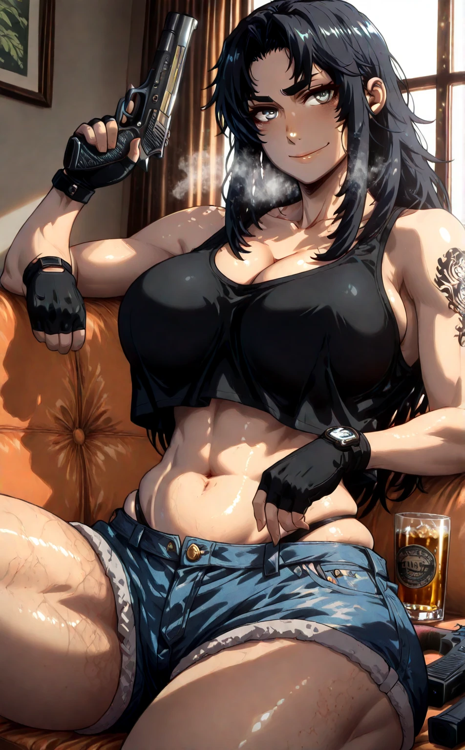 Ggstduel, Stopu42, L_Cation2, Babu-style, Hgk, (citemer-style:1.4), (hua-j-style:1.3), (gin_moku-style:1.2), (imizu_(nitro_unknown)-style:1.3), (haikawa_hemlen-style:1.5), (anime coloring, anime screencap), shiny skin, (voluptuous body:1.4), (mature female:1.4), (cellulite:1.3), ((anatomical correct)), ((Cinematic, unreal engine, eye-catching, ambient occlusion, UHD, masterpiece)), ((perfect lighting, soft shadow)), perfect body, perfect eyes, perfect fingers, gasping, heavy breathing, gasping profusely, ((skindentation)), ((curvy)), hiratsuka shizuka, long hair, black hair, grey eyes, bright pupils, plump, 1girl, weapon, gun, breasts, gloves, solo, holding_weapon, handgun, shorts, holding, denim_shorts, holding_gun, denim, underwear, navel, fingerless_gloves, panties, sitting, crop_top, looking_at_viewer, cleavage, smile, beretta_92, muscular_female, thighs, black_gloves, black_panties, alcohol, midriff, tank_top, short_shorts, cup, tattoo, ((overhang)), bare_shoulders