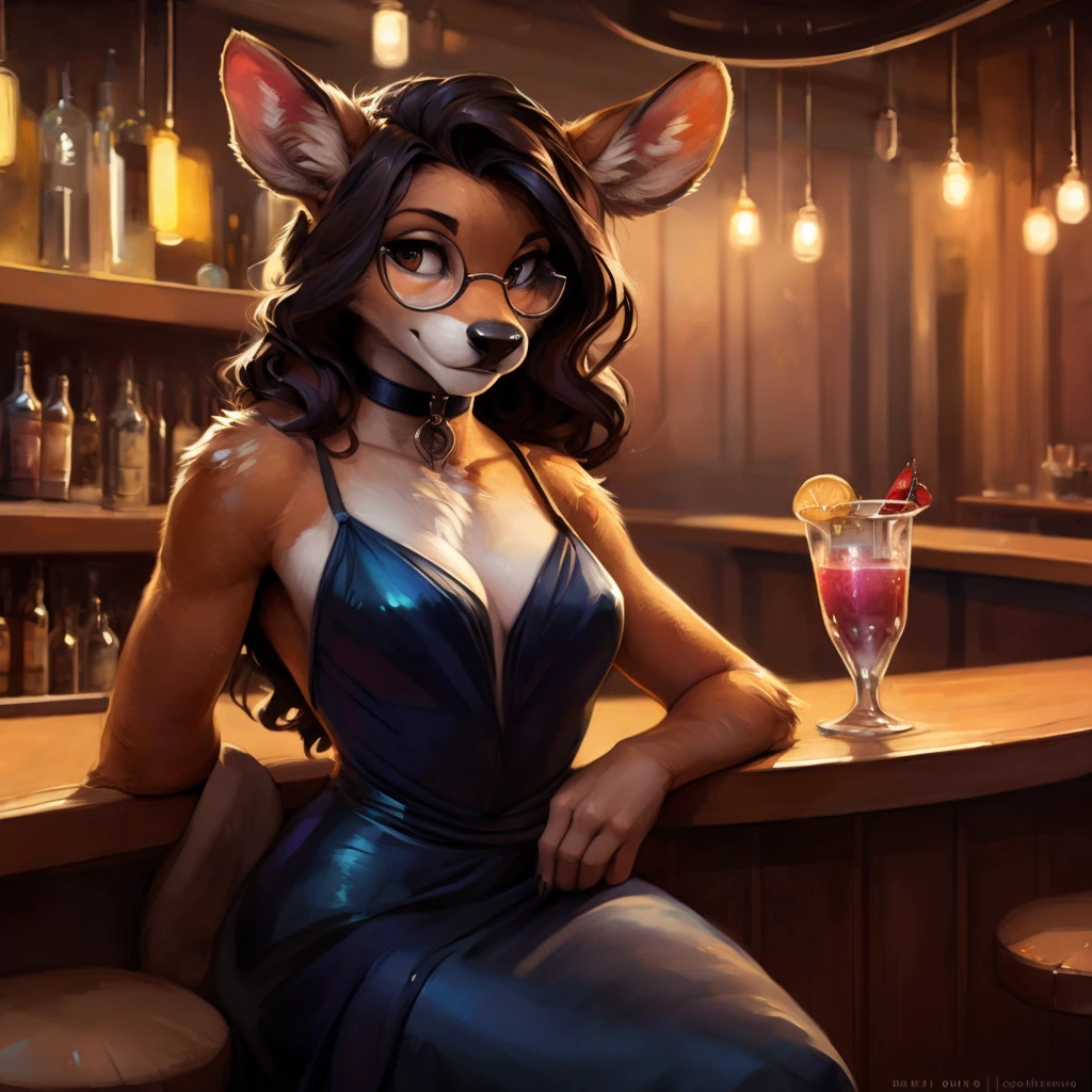 safe_pos, score_9, score_8_up, score_7_up, score_6_up, score_5_up, score_4_up, source_furry, BREAK 1girl, anthro, curvy dark furred cougar woman, mature, thin, skinny, detailed fur, large fangs, confident, medium breasts, furry body, paws, claws, executive, black business blouse, black professional pants, cleavage, cowboy shot, BREAK inside, bar, stool, sitting, drinking, wine, seductive look, upper body, BREAK 
