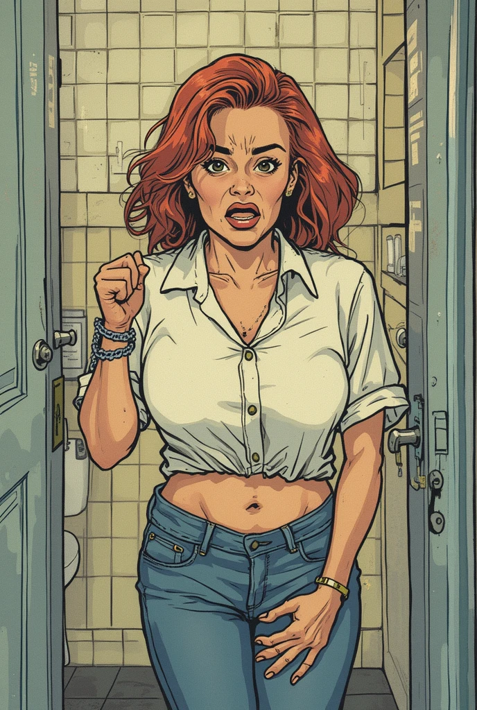 vector image, 2d cartoon,masterpiece, An anime woman, colored hair, simulates intercourse:1.4, gloomy , sweat, , touch herself, public cramped toilet stall, jeans, t-shirt, from side view