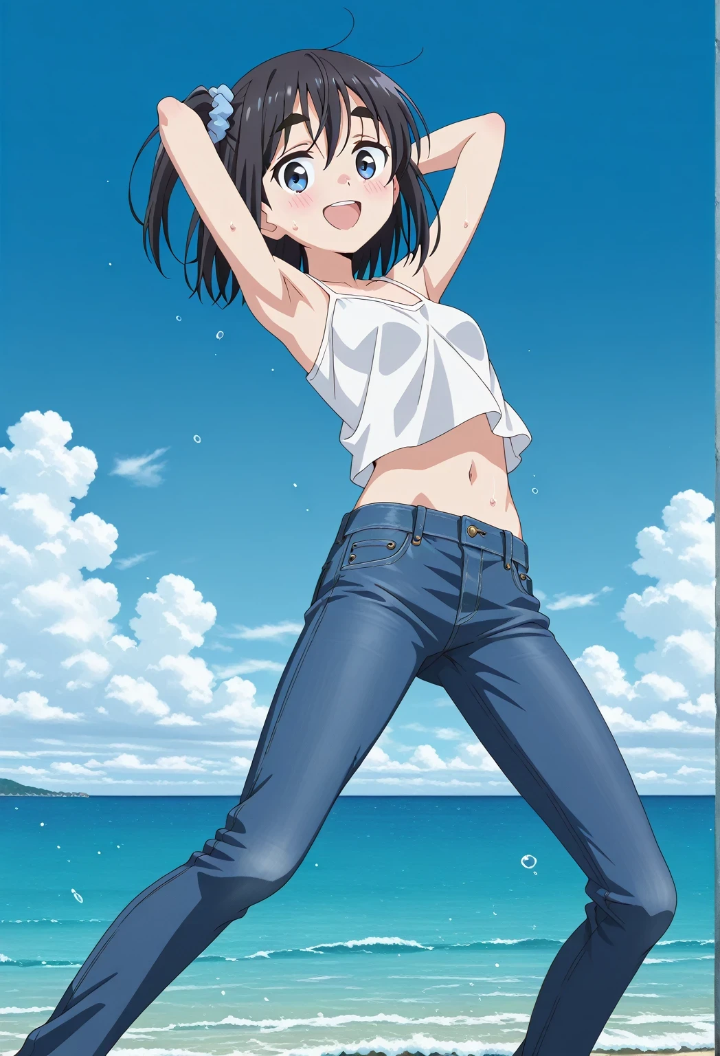 score_9, score_8_up, score_7_up, source_anime, highres, hi res, ((best quality, top quality, perfect quality, Highest Quality, amazing quality)), {{masterpiece}}, {{an extremely delicate and beautiful}}, 2d, intricate details, official style, anime, 8k, anime style, official_anime, official art, digital painting, cell shading, soft shading, high resolution, soothing tones, Subdued Color, Soft cinematic light, adobe lightroom, photolab, HDR, intricately and hyper-detailed, ((high quality animation)), 1 girl, Alone, solo, ((ocean)), tsunami, on the water, day, sunny, outdoors, sky, windy, satsuki amamiya, mono, short hair, blue eyes, black hair, hair ornament, one side up, thick eyebrows, scrunchie, hair scrunchie, blue scrunchie, anime screencap, small breasts, white camisole top, crop top, white crop top, best quality, hyper-detailed jeans, ((blue jeans:1.9)), (dark blue jeans:0.6), full medium body, medium shot, Open mouth, smiling, happy face, blush, sweat, standing, ((arms behind head:6.0)), bowlegged, jumping pose, action, looking at viewer, spread legs, Bend knees slightly, straight-on front view