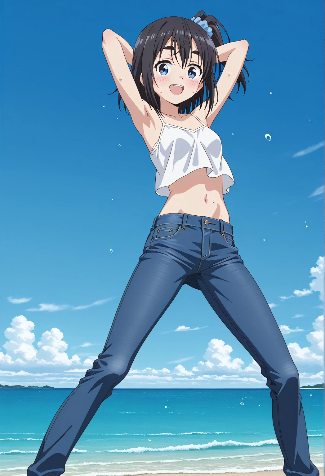 score_9, score_8_up, score_7_up, source_anime, highres, hi res, ((best quality, top quality, perfect quality, Highest Quality, amazing quality)), {{masterpiece}}, {{an extremely delicate and beautiful}}, 2d, intricate details, official style, anime, 8k, anime style, official_anime, official art, digital painting, cell shading, soft shading, high resolution, soothing tones, Subdued Color, Soft cinematic light, adobe lightroom, photolab, HDR, intricately and hyper-detailed, ((high quality animation)), 1 girl, Alone, solo, ((ocean)), tsunami, on the water, day, sunny, outdoors, sky, windy, satsuki amamiya, mono, short hair, blue eyes, black hair, hair ornament, one side up, thick eyebrows, scrunchie, hair scrunchie, blue scrunchie, anime screencap, small breasts, white camisole top, crop top, white crop top, best quality, hyper-detailed jeans, ((blue jeans:1.9)), (dark blue jeans:0.6), full medium body, medium shot, Open mouth, smiling, happy face, blush, sweat, standing, ((arms behind head:6.0)), bowlegged, jumping pose, action, looking at viewer, spread legs, Bend knees slightly, straight-on front view