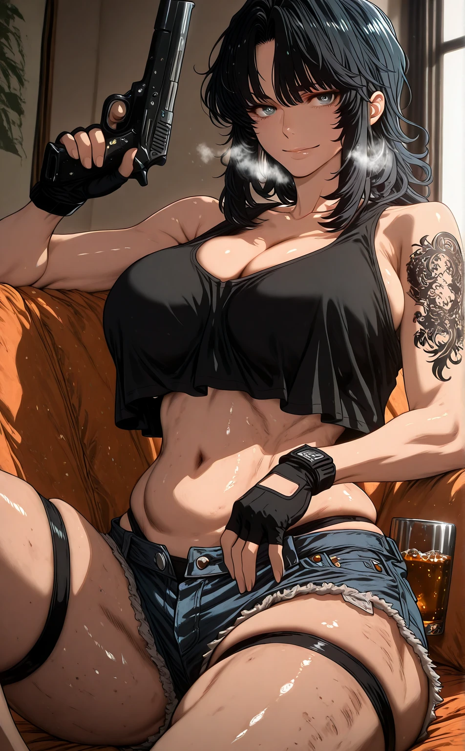 Ggstduel, Stopu42, L_Cation2, Babu-style, Hgk, (citemer-style:1.4), (takeuchi_takashi-style:1.3), (gin_moku-style:1.2), (imizu_(nitro_unknown)-style:1.3), (gebijiade_89-style:1.3), (anime coloring, anime screencap), shiny skin, (voluptuous body:1.4), (mature female:1.4), (cellulite:1.3), ((anatomical correct)), ((Cinematic, unreal engine, eye-catching, ambient occlusion, UHD, masterpiece)), ((perfect lighting, soft shadow)), perfect body, perfect eyes, perfect fingers, gasping, heavy breathing, gasping profusely, ((skindentation)), ((curvy)), hiratsuka shizuka, long hair, black hair, grey eyes, bright pupils, plump, 1girl, weapon, gun, breasts, gloves, solo, holding_weapon, handgun, shorts, holding, denim_shorts, holding_gun, denim, underwear, navel, fingerless_gloves, panties, sitting, crop_top, looking_at_viewer, cleavage, smile, beretta_92, muscular_female, thighs, black_gloves, black_panties, alcohol, midriff, tank_top, short_shorts, cup, tattoo, ((overhang)), bare_shoulders