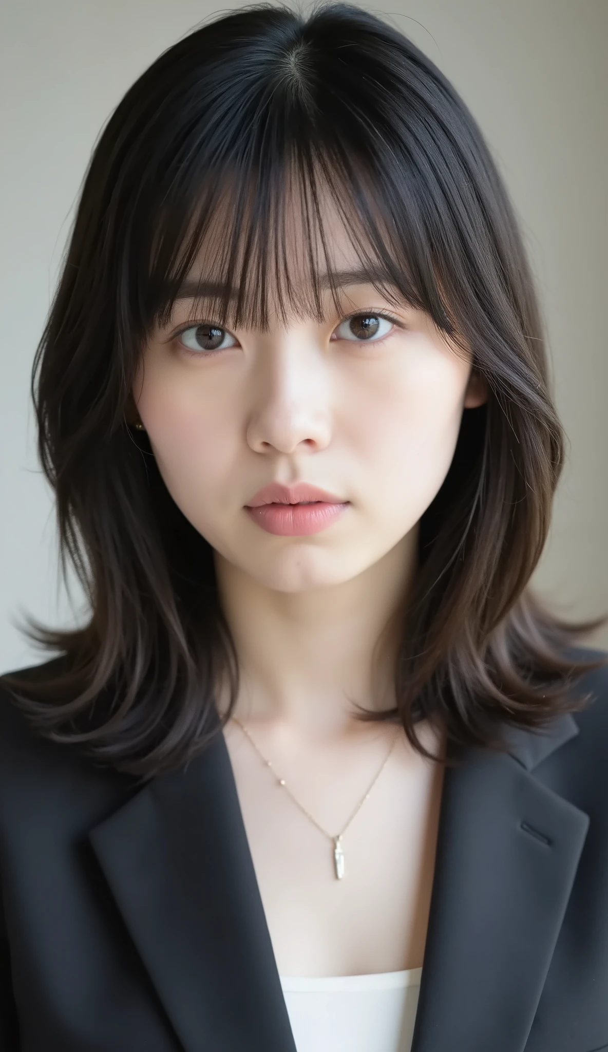 Neat Young Woman、and look at the camera、office lady suit、jacket、shirt、necklace、、ear piercing、前髪あり、No expression、has closed its mouth、顔のクローズアップ、The background is office