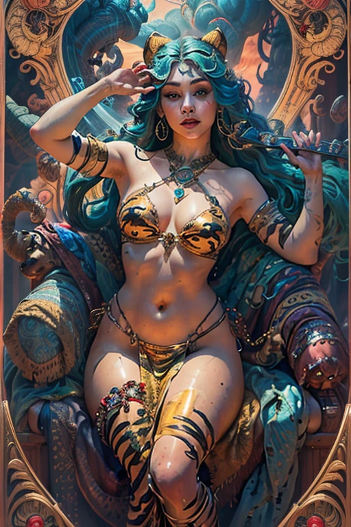  squatting body position with hands on the floor and  in the air , smoking a pipe , scars on the body, light background, anaconda in an ancient tree,  (((ultra realistic))) photoshot, work of art, maximum quality,(ultra detailed face and eyes:1.3), ((Detailed big lips)), Waist slender (The play of light and shadows), Depth of field, Detailed leather texture, skin pore,  (digitl art:1.3) ,  skull head ,(soft smiling:1.1), ray of sunlight, sharp focus , photoshotgráfico, cinematic lighting, wide plan, lateral  Correct, woman  , head back , open arms , (perky  ), (voluptuous), (choker and gloves), ( Broad , legs thick), (Dramatic blue eyes and eyebrows ), (landscape, Soft lighting to cast a soft glow, complex background), twilight lighting, volumetric lighting, long braided hair, mystical expression,
