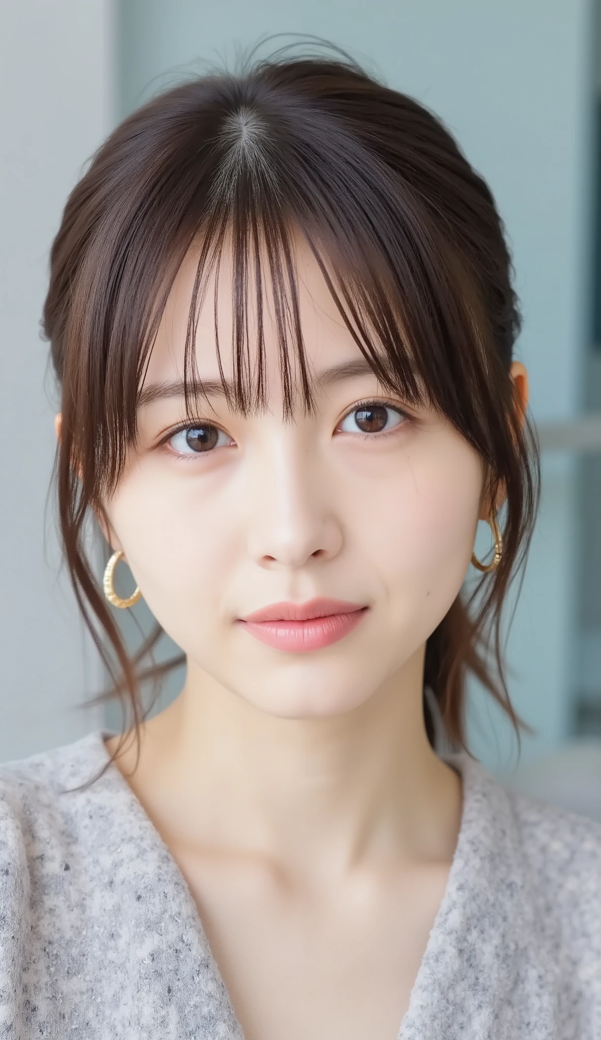 Neat Young Woman、and look at the camera、office lady suit、jacket、shirt、necklace、、ear piercing、前髪あり、No expression、has closed its mouth、顔のクローズアップ、The background is office