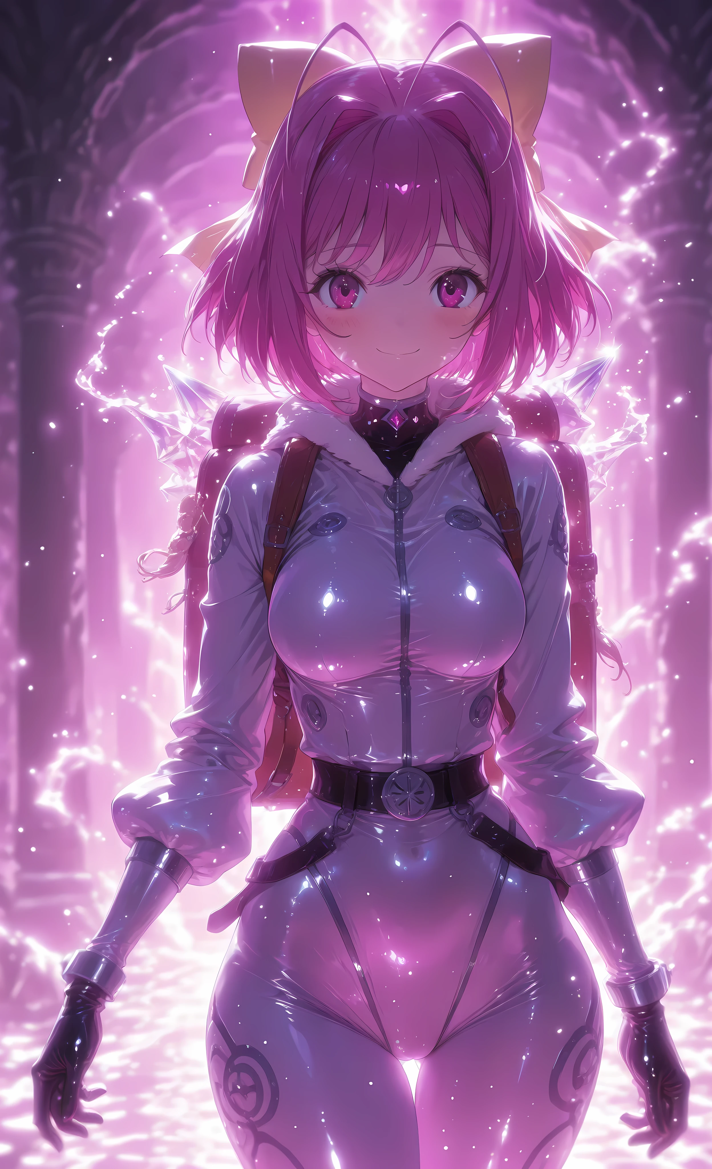  I can see her whole body, kanon nakagawa, nakagawa kanon, short hair, pink hair, hair bow, pink eyes, antenna hair, mature female,busty, medium chests, large Hips, Tight Waist, thighs,
 Anime-style illustration with an underground exploration theme. A young female adventurer exploring a vast underground cave full of sparkling crystals. She is wearing functional exploration clothing - a skintight white bodysuit practical suit with a multifunctional belt, a  with headlights, and latex gloves. Backpack worn on the back, gear on the waist. Spectacular icicles, giant crystal formations. An underground lake illuminated by mysterious blue and purple light stretches in the background. Ancient murals and symbols visible on cave walls. Dramatic lighting, soft shadows, detailed textures, vivid colors highlight the mysterious beauty of the underground world. , large amounts of crystals,
RAW photo, 8k wallpaper, score_9, score_8_up, score_7_up,source_anime, (masterpiece, detailed:1.2), {high-quality japanese color ink painting style} ,super fine illustration, finely detail, clear picture, UHD, HDR, amazing quality, highres, absurdres, very aesthetic, high resolution, ultra detailed, perfect details, High resolution image, Highest Quality, uncensored, amazing quality, anime beautiful girl, official art, perfect anatomy, the Accurate exact number of fingers, forbidden lewd acts., A smile of ecstatic joy, (torogao:1.2),(blush:1.2),(ahe face:1.4),White steam, cute, tiny devilish atmosphere, best quality, ultra highres, detail, afternoon lighting, dramatic shadows,