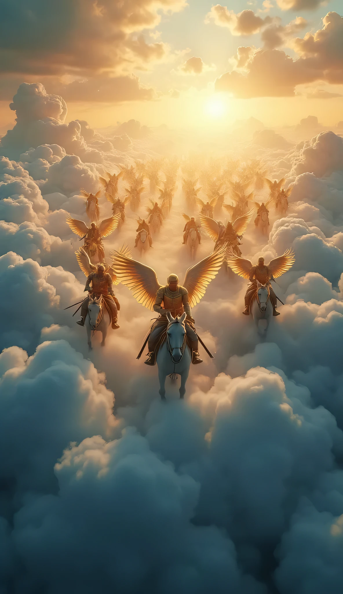 Epic aerial view of millions of angel armies riding on white horses over a sea of dark blue clouds. bright golden armor, glowing outstretched wings, flaming swords and divine light illuminating the sky. heavenly energy , majestic, cinematic atmosphere, sense of infinity and divine power.