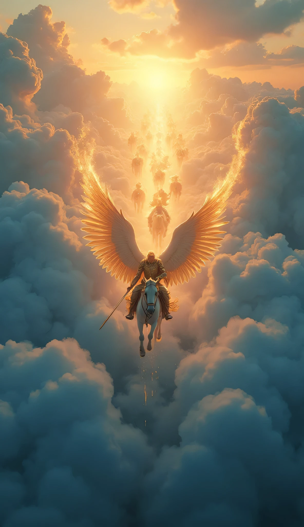 Prompt Optimizado:
Epic aerial view of millions of angels riding on white horses over a sea of dark blue clouds. bright golden armor, glowing outstretched wings, flaming swords and divine light illuminating the sky. heavenly energy , majestic, cinematic atmosphere, sense of infinity and divine power.