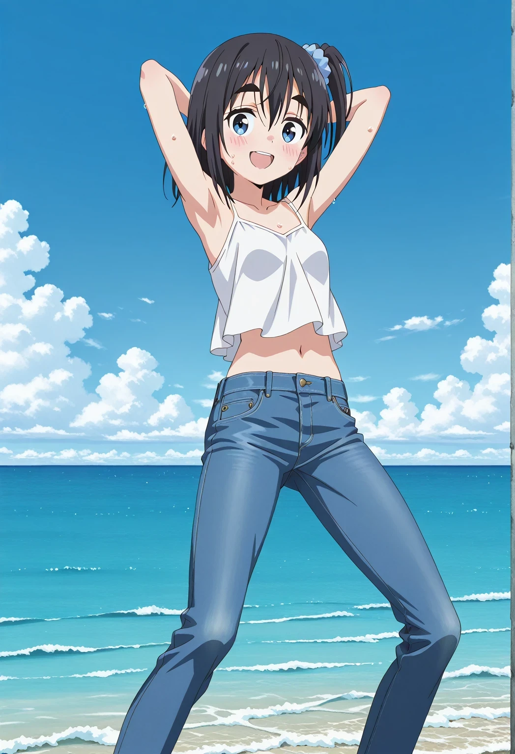 score_9, score_8_up, score_7_up, source_anime, highres, hi res, ((best quality, top quality, perfect quality, Highest Quality, amazing quality)), {{masterpiece}}, {{an extremely delicate and beautiful}}, 2d, intricate details, official style, anime, 8k, anime style, official_anime, official art, digital painting, cell shading, soft shading, high resolution, soothing tones, Subdued Color, Soft cinematic light, adobe lightroom, photolab, HDR, intricately and hyper-detailed, ((high quality animation)), 1 girl, Alone, solo, ((ocean)), tsunami, on the water, day, sunny, outdoors, sky, windy, satsuki amamiya, mono, short hair, blue eyes, black hair, hair ornament, one side up, thick eyebrows, scrunchie, hair scrunchie, blue scrunchie, anime screencap, small breasts, white camisole top, crop top, white crop top, best quality, hyper-detailed jeans, ((blue jeans:1.9)), (dark blue jeans:0.6), full medium body, medium shot, Open mouth, smiling, happy face, blush, sweat, standing, ((arms behind head:6.0)), bowlegged, jumping pose, action, looking at viewer, spread legs, Bend knees slightly, straight-on front view