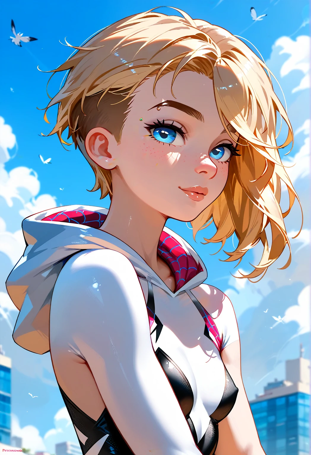 Create an image of Spider-Man Gwen (female Spider) atop a towering building, with a lower camera angle for added impact