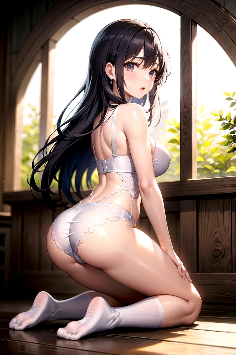 masterpiece, highest quality, NFSW, highest quality, very detailed, 1 girl, confused, animal ears, azur lane,  arms,  shoulders,  ホールド, , choker, cleavage, closed mouth, cow ears, cow Horn, cowboy shot, Cross Holter, flower, frown, hair flower, hair ornaments, halter neck, 自分のthighsに手を当てる, High resolution, Horn, Kashino, , large , long hair, looking at the viewer, belly button,  skin dents, alone, Are standing, Stomach, thighs、 white choker, White Calvin Klein Thong、super breasts、big ass、SFW Giant、T-back that digs into your butt、Calvin Klein underwear、emphasis on the buttocks、Wearing flip flops