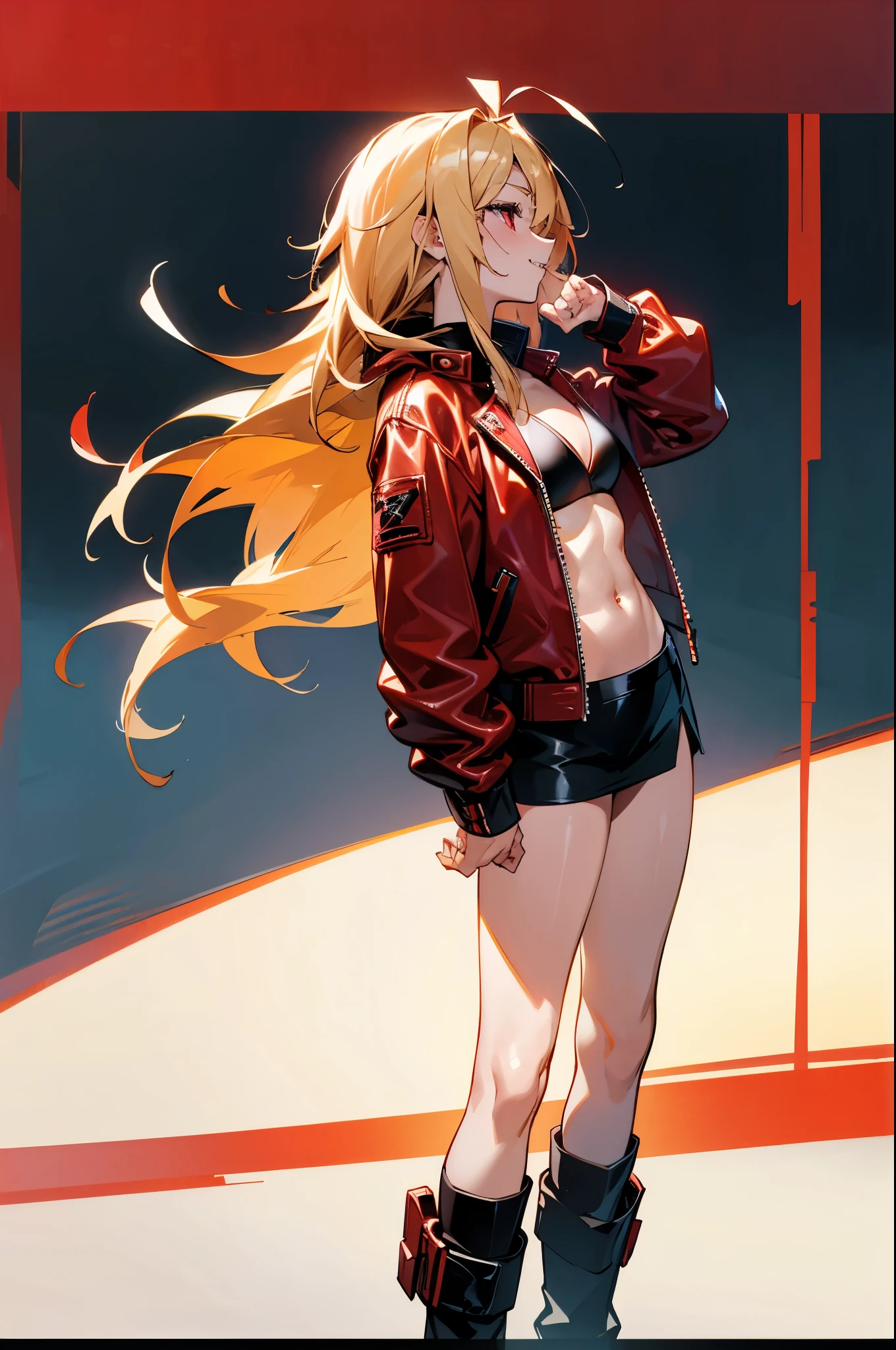 one woman、solo、Shiny blonde hair、straight long hair、Red eyes、Ahoge、big Smile、profile、Lean and muscular body、Wearing a red leather jacket、Inside the jacket is wearing a black sports bikini、Black mini skirt、Black boots、cinematic_angle、parted lips、standing