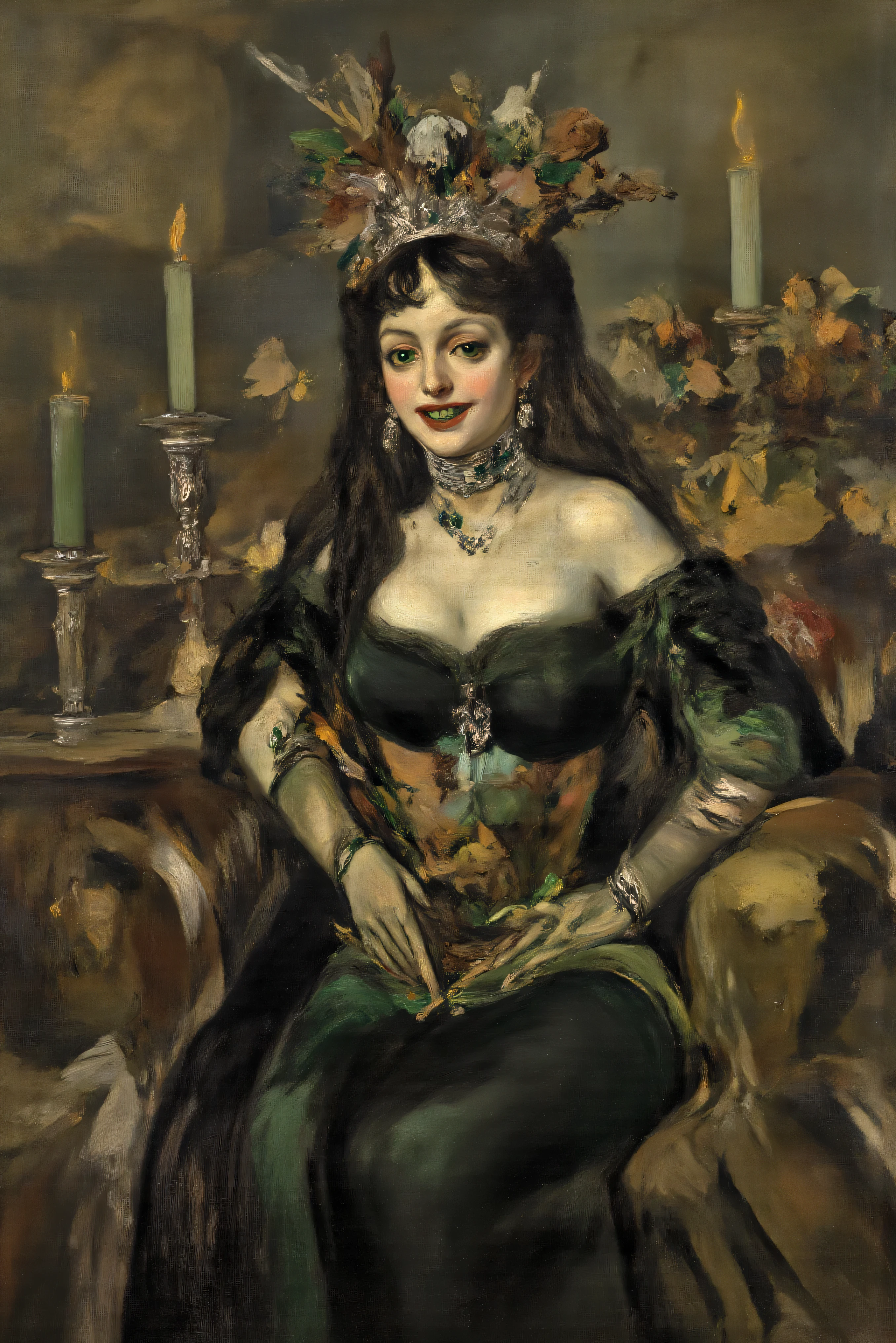 (Lors:#An oil painting)An oil painting inspired by Francisco Goya, a striking female figure with an intricate and skeletal face and body creates a dramatic and surreal impression. Her skin is pale, almost ghostly, stretching over her boney body, while her large bust is very noticable and partially visible to emphasize the rest of her skeletal frsme. The candle lighting highlights the porcelain-like texture of the skin, which is adorned with a series of elegant intricately carved silver antique ornaments around her neck and wrists and fingers. Her deep green attire, embroidered in ornate black trim around the edges, contrasts sickly against the pale skin, adding a pop of color and enhancing the eerie mood. Wisps of hair cascade in waves, adding softness to the overall angular and macabre composition. The atmosphere is one of haunting elegance, with a somber undertone that blends elements of dark fantasy and the grotesque. She has an allure and a hypersenual attractiveness mixed with a macabre and spooky nature with her classic black and deep green dress stuffed with dried flowets and brittle stems looking like they were stuffed in there fresh and sloely dried over time. 4k,highly detailed digital art, woman overflowing with flowers, human flora, highly detailed art, detailed dark fantasy art, floral/gothic skeletal madness, detailed gothic art, highly detailed fantasy art, psychedelic organic fantastical portrait, an ultra-attractive, ultra-spooky female sits surrounded by dozens of old drie flowers in vases and dozens of lit candles. The woman's form is a complex, mesmerizing combination of ivory porcelain skin intertwined with her dried botanical motifs. Her head is adorned with an elaborate headdress of silver metal and emeralds exploding into dried brittle foliage, creating an otherworldly crown. Large, wide-set green eyes and a skeletal grin give the face a haunting yet whimsical expression. Darkened dehydraded flowers and ornaments are embedded in the body, adding an enchanting feel to the serene, almost dreamlike ambiance. The scene captures an exquisite blend of nature and madness in a symphony of artistic imagination, evoking themes of transformation and the merging of humans snd vamires im the old world. N A woman sits amidst the solemn grandeur of a candle lit room, her presence accentuated by an elaborate black and green gown. The dress is richly adorned with intricate details and deep green frills, drawing the eye with her large bust and the luxorious background. Her dark, very long flowing hair cascades over her shoulders coming to an end at the bottom of her back. Large oil paintings hung on the wall of long deceased family members complementing the dramatic ambiance. She has expensive luxurious emerald set in silver jewelry matching her attire, adding a touch of elegance and mystery. Surrounding her are dark slime green candlesticks inside of antique silver candlesticks, their glowing flames casting a warm, flickering light that dances over the stone textures and arched architecture of the Victorian home. The gothic atmosphere is filled with shadows and depth, enhanced by the stones and the dead flowers around her, evoking a somber, introspective mood. The interplay of light and shadow is captured beautifully, creating an evocative and intriguing tableau. A striking look in her eyes adds an icy edge to her dramatic and surreal impression. Candle light and the moody atmosphere of the home is one of haunting spookiness with a very somber undertone that blends elements of meloncholic dark fantasy with a dry decayed elegance. Realistic and macabre, highest quality, UHDR, high-res, attention to facial features and textures, a masterpiece.