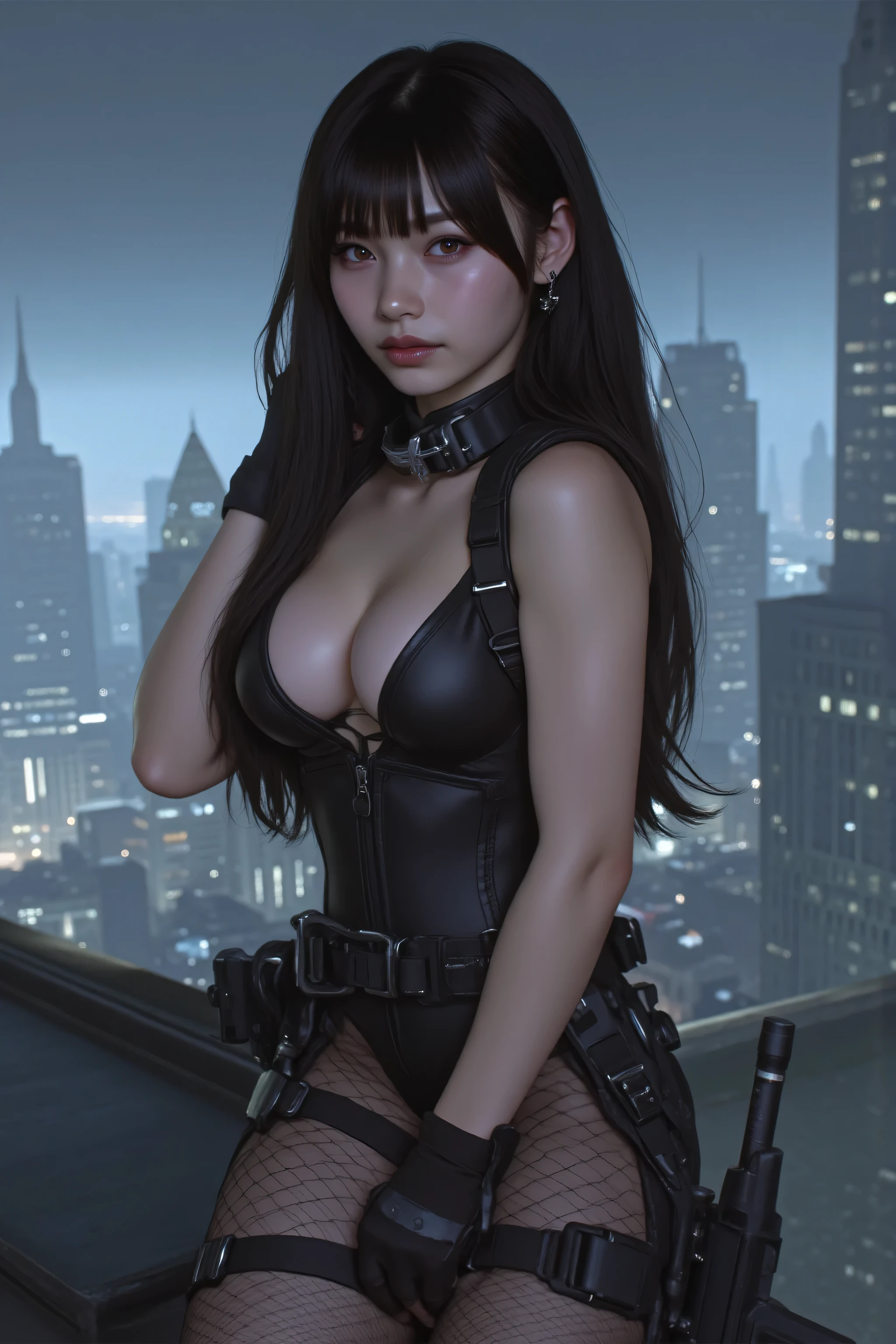 (((Rooftop of a foggy futuristic city:2.0))),(((HR Gigger Style Cyberpunk Atmosphere:2.0))),(((Side view from back:2.0))),(((looks back at the camera:2.0))),((looking back over the shoulder:2.0)),one woman,(cute faces getting creampied:2.0),(Beautiful well-balanced face :2.0),((wavy black hair:2.0)),(beautiful eyes:1.3),Glamorous Shot of a 20-Year-Old Japanese Woman,Beautiful Slender Body,(((model body type:2.0))),((slim body:2.0)),Perfect Body,ideal proportions,(big breasts:2.0),((スリーサイズ90-58-86:3.0)),((G cup breasts:2.0)),Big Breasts,Bare thighs,sensual thighs,delicate body,(muscular:1.5)((T-back:2.0)),natural posture,((beautiful tight butt:2.0)),((cute ass:2.0)),((Carefully Depict Limbs Based on Perfect Anatomy:2.0)),((Super Hi-Leg Leotard with Black Special Forces Style Harness:2.0)),(((ラテックス製の超T-backパンティ:2.0))),(((thick fishnet tights:2.0))),((tactical holster:2.05)),(Gloves:1.3),Concept Art,(Highest Quality:1.5),(masterpiece:1.5),(超高Resolution),Resolution,UHD,(Delicate Description),carefully drawn,32k,((realistic skin texture:1.5)),(((Ultra Realistic:1.5))),carefully drawn eyelashes, Highly detailed faces,highly detailed female hands,very sensual,(Blurry, dim background:1.5),professional photography,(Movie Lights:2.0),((Blade Runner Style Lighting:2.0))