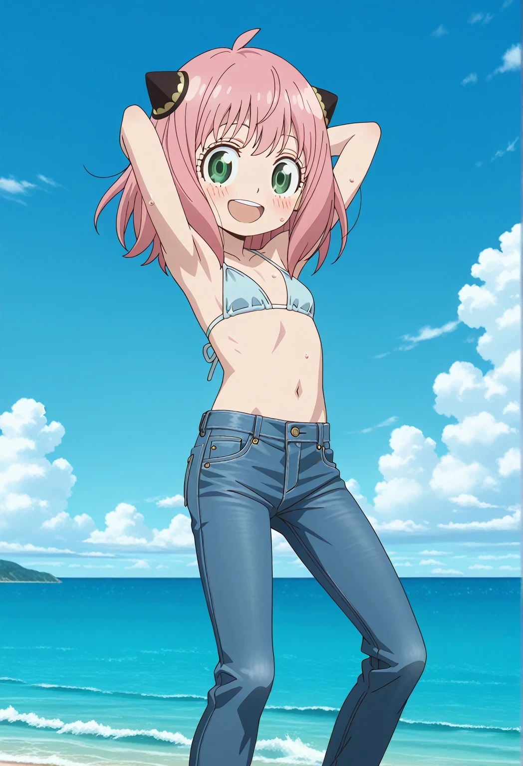 score_9, score_8_up, score_7_up, source_anime, highres, hi res, ((best quality, top quality, perfect quality, Highest Quality, amazing quality)), {{masterpiece}}, {{an extremely delicate and beautiful}}, 2d, intricate details, official style, anime, 8k, anime style, official_anime, official art, digital painting, cell shading, soft shading, high resolution, soothing tones, Subdued Color, Soft cinematic light, adobe lightroom, photolab, HDR, intricately and hyper-detailed, ((high quality animation)), 1 girl, Alone, solo, ((ocean)), tsunami, on the water, day, sunny, outdoors, sky, windy, anya forger, spy x family, bangs, green eyes, pink hair, ahoge, child, female child, hairpods, anime screencap, small breasts, light blue bikini top, best quality, hyper-detailed jeans, ((blue jeans:1.9)), (dark blue jeans:0.6), full medium body, medium shot, Open mouth, smiling, happy face, blush, sweat, standing, ((arms behind head:6.0)), ((perfect arm line:2.5)), bowlegged, jumping pose, action, looking at viewer, spread legs, Bend knees slightly, straight-on front view