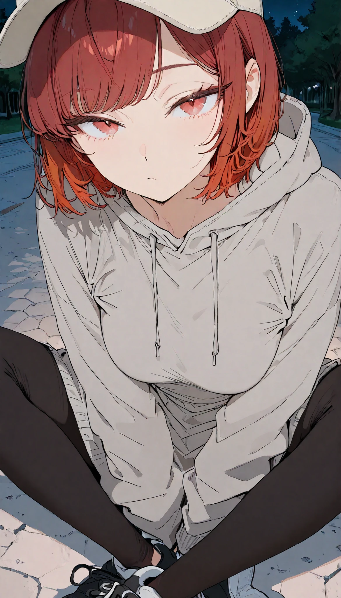 Masterpiece, top quality, very detailed , close-up, Animation Style, Japanese illustration style, A beautiful and cute woman with a perfect body, slim, (crimson red hair, long wolf cut, tousled layers, full bangs, soft bangs), red eyes, Medium Breasts, alone, big Oversized grey hoodie dress, black leggings, chunky white sneakers, baseball cap. face, night, park, sitting on ground, look at viewer, heart.