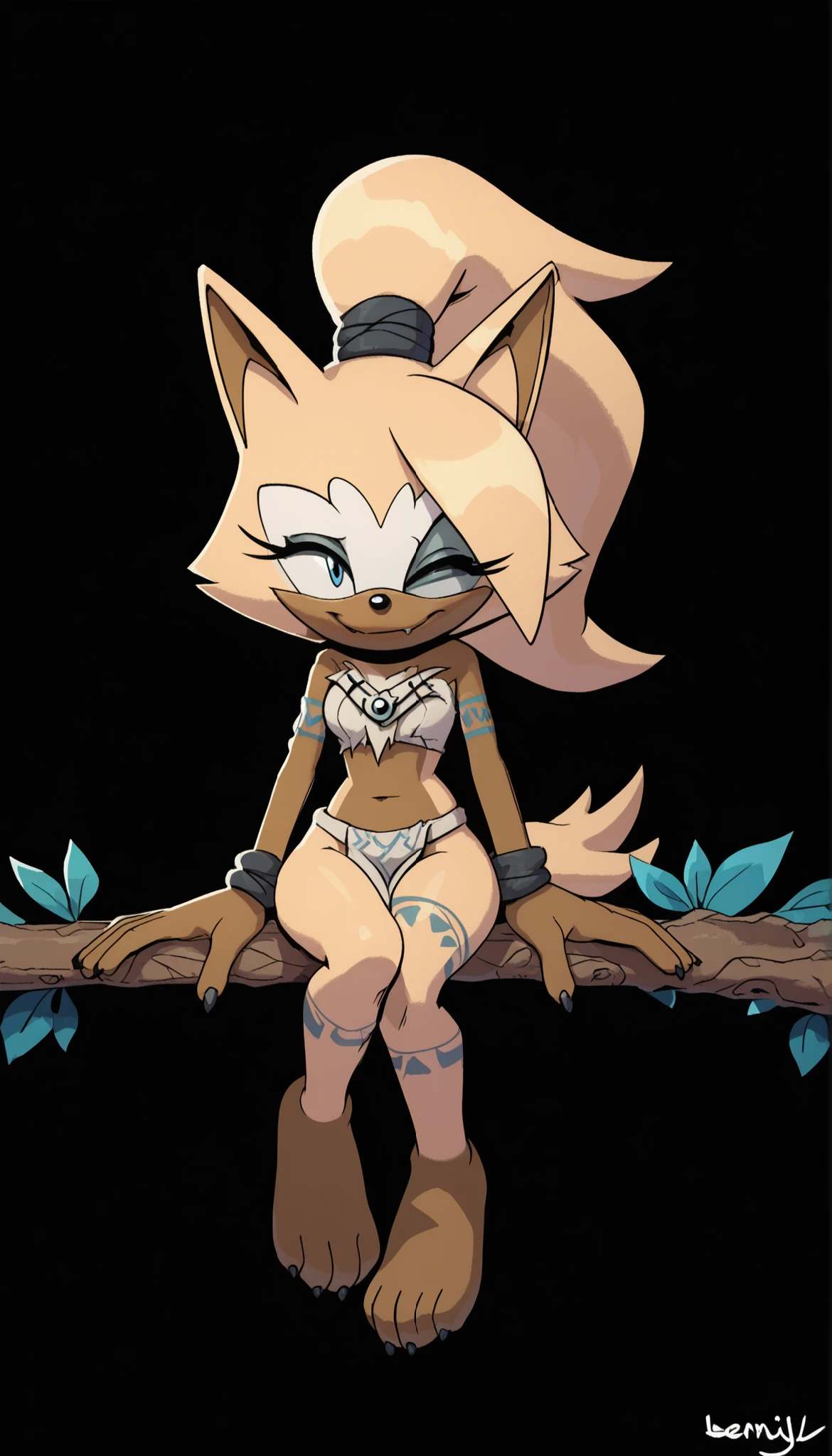masterpiece, best quality, ultra-detailed, anthro furry female wolf, inspired by Whisper the Wolf, solo, two-tone fur (yellow and brown), fluffy fur, blonde ponytail, blue eyes, smug smile, one closed eye, wolf tail, thick thighs, medium chest, tribal tattoos, white tribal bra, white tribal loincloth, white headband, sitting on a tree in jungle ruins, soft sunlight, cinematic lighting, jungle background, leaves and vines, mystical atmosphere, detailed fur texture, soft shading, dynamic light and shadow, tribal fantasy theme, (evnstnly), (onmodelblobian), (sonic series), score_9, score_8_up, score_7_up, score_6_up, score_5_up, score_4_up
