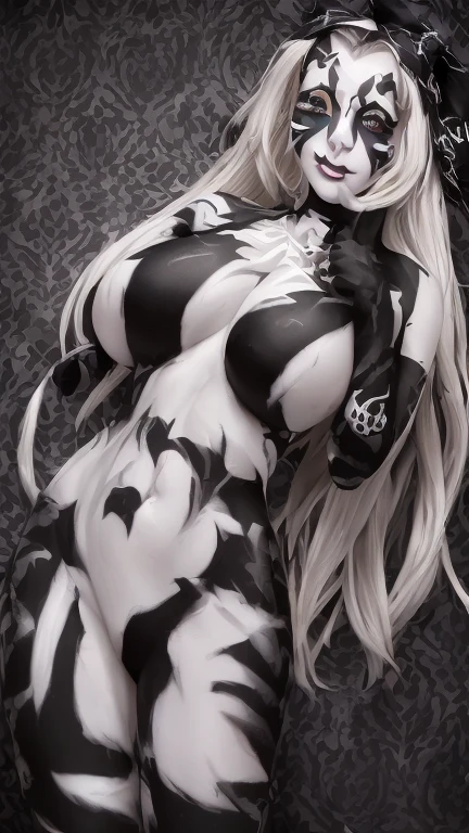 bs, solo, simple background, monochrome, hot body, greyscale, ????????, black background, 1other, monster, arms at sides, horror (theme) there is a large-breasted woman in the picture with her arms torn off and her face bleeding, ravens flying in the background, stocking, hot lingerie, big round ???????, red paint splatted on it, white hair, pohotgraphed from back, hot ???