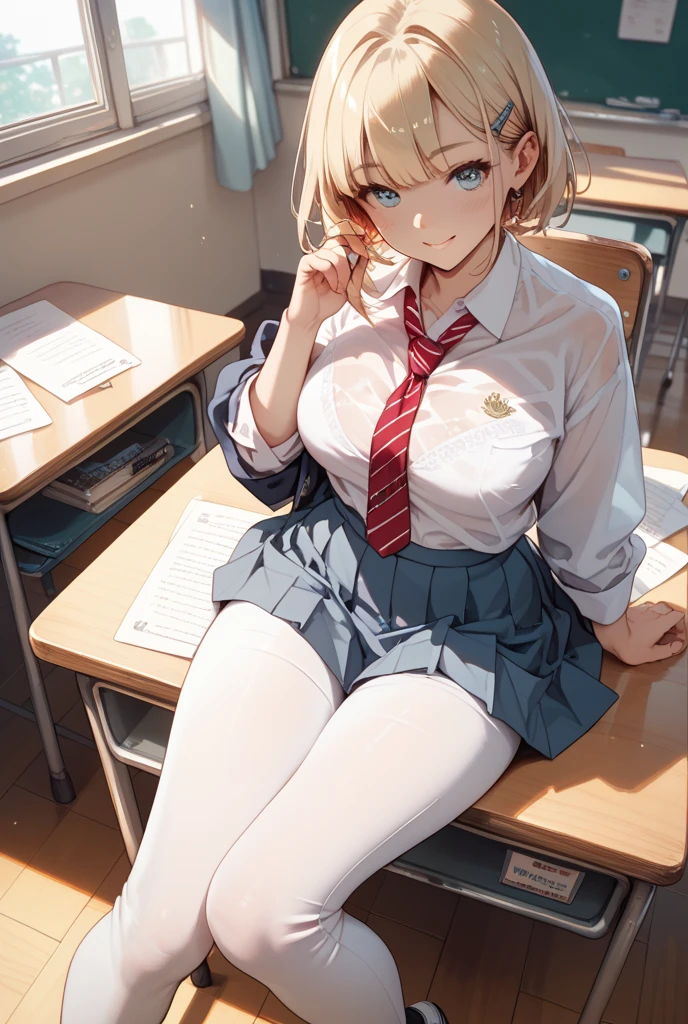 peeing self, 1girl,solo, sitting, mature female, pencil skirt, white shirt, long sleeves, necktie, full-face blush, teacher, formal , trembling, embarrassed, peeing, pee, wet clothes, <lora:peeing_self:1>