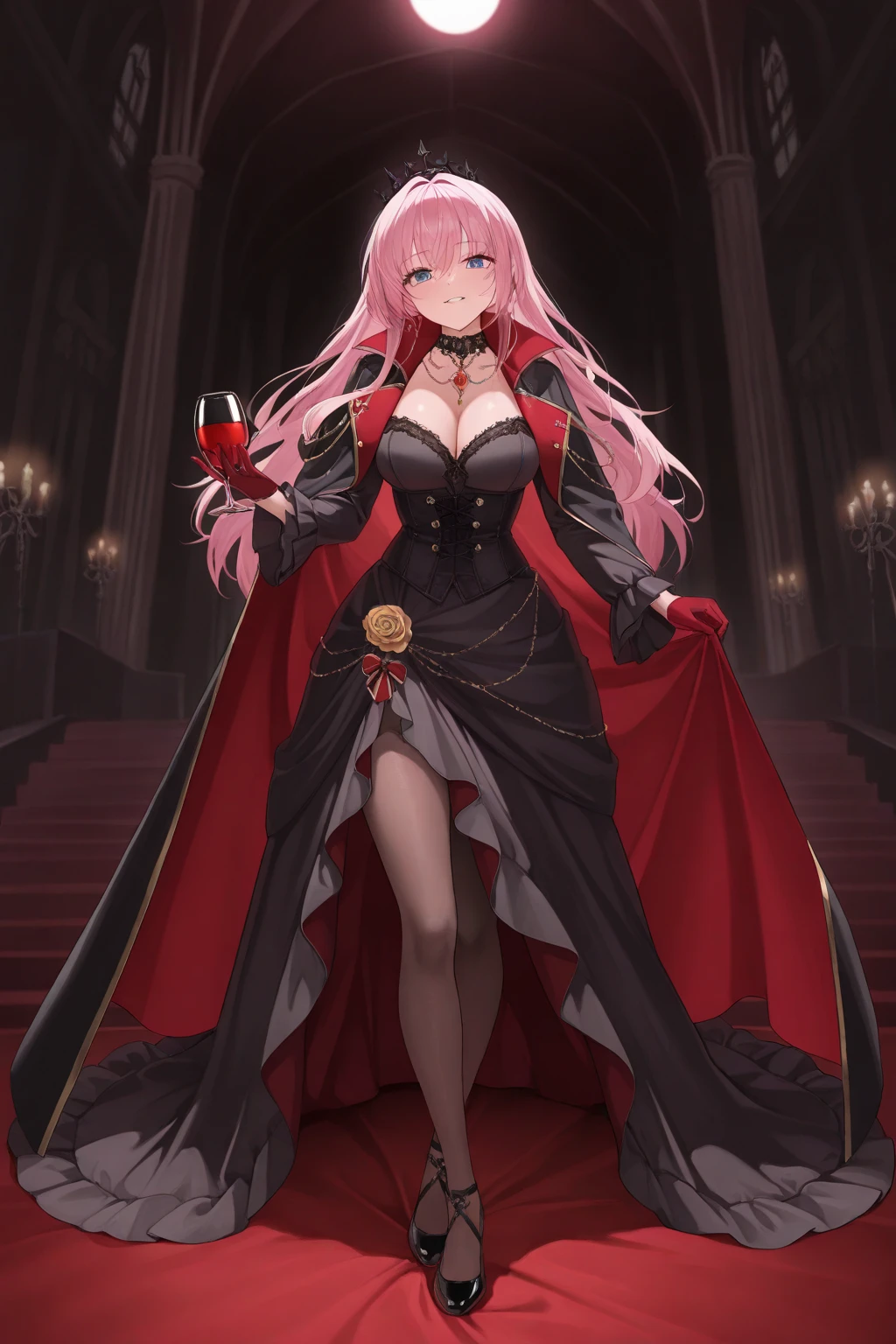 best quality,expressive eyes, perfect face, looking at viewer, 1girl, long hair,pink hair, pink eyes, inner circle in eyes, two strands parted,partially exposed forehead,white flower hair ornament,black butterfly earrings, black bow behind head, hair tied up,black choker with frills,black dress, tight dress with frills on edges, cleavage, exposed , exposed collar bone, exposed shoulders, exposed upper back, long black gloves with frills, white bow on hip(side of hip),red cloak tied around waist, black stockings, black heels, suspenders,naughty face,seductive,holding asian fan,complex, dramatic lighting, rim lighting,indoors, classic interior, mansion, fireplace, night time