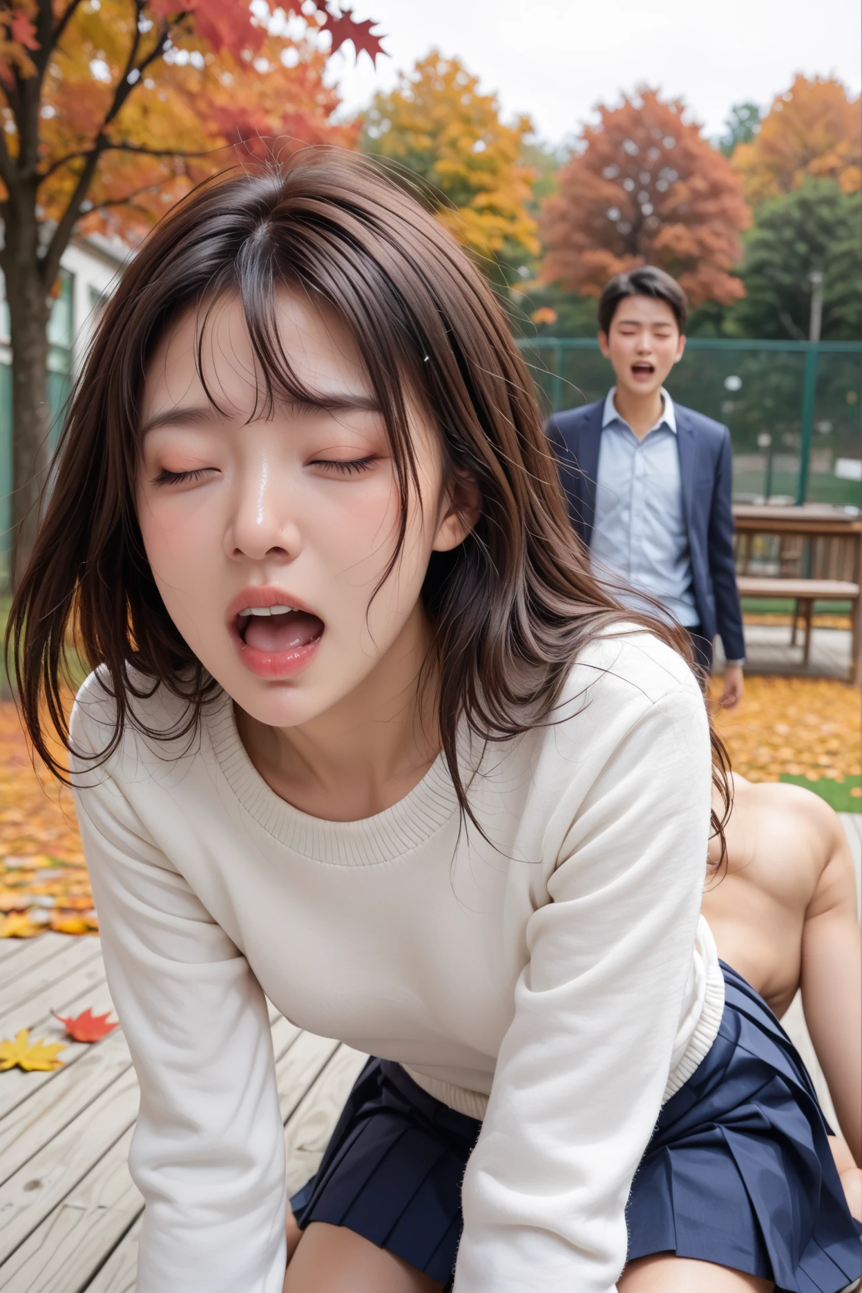 Just one 14-year-old junior high school girl、、Super detailed、High resolution、transcendental beauty　highest quality、masterpiece、Wearing knee socks、(RAW photo:1.2)、(Photoreal:1.4)、beauty in the details、and delicate expression、(It rained and got wet:1.5)、In the forest deep in the mountains、(school uniform is torn、I can see your :1.5)、school uniform、(Bangs without gaps:1.5)、((you can see me))、eyelash、sparkling eyes、glossy lips、beautiful and detailed eyes、((beautiful japanese girl))、very detailed expression、highly detailed face、movie lighting、positive、((dynamic pose))、(Cling to a big tree and raise your :1.8), (Mr. Principal、My  is grabbed by male teachers:1.4)、 ( with older men:1.8)、(Seen from the side:1.6)、(She is played with all over her body by multiple men:1.8)、thin  your mouth wide and look at your tongue、scream:1.7)、Panting with  pleasure、(Feel the  of :1.6)、Open your mouth wide and scream、shame、Her cheeks flushed slightly、heartbreaking cry、、pain