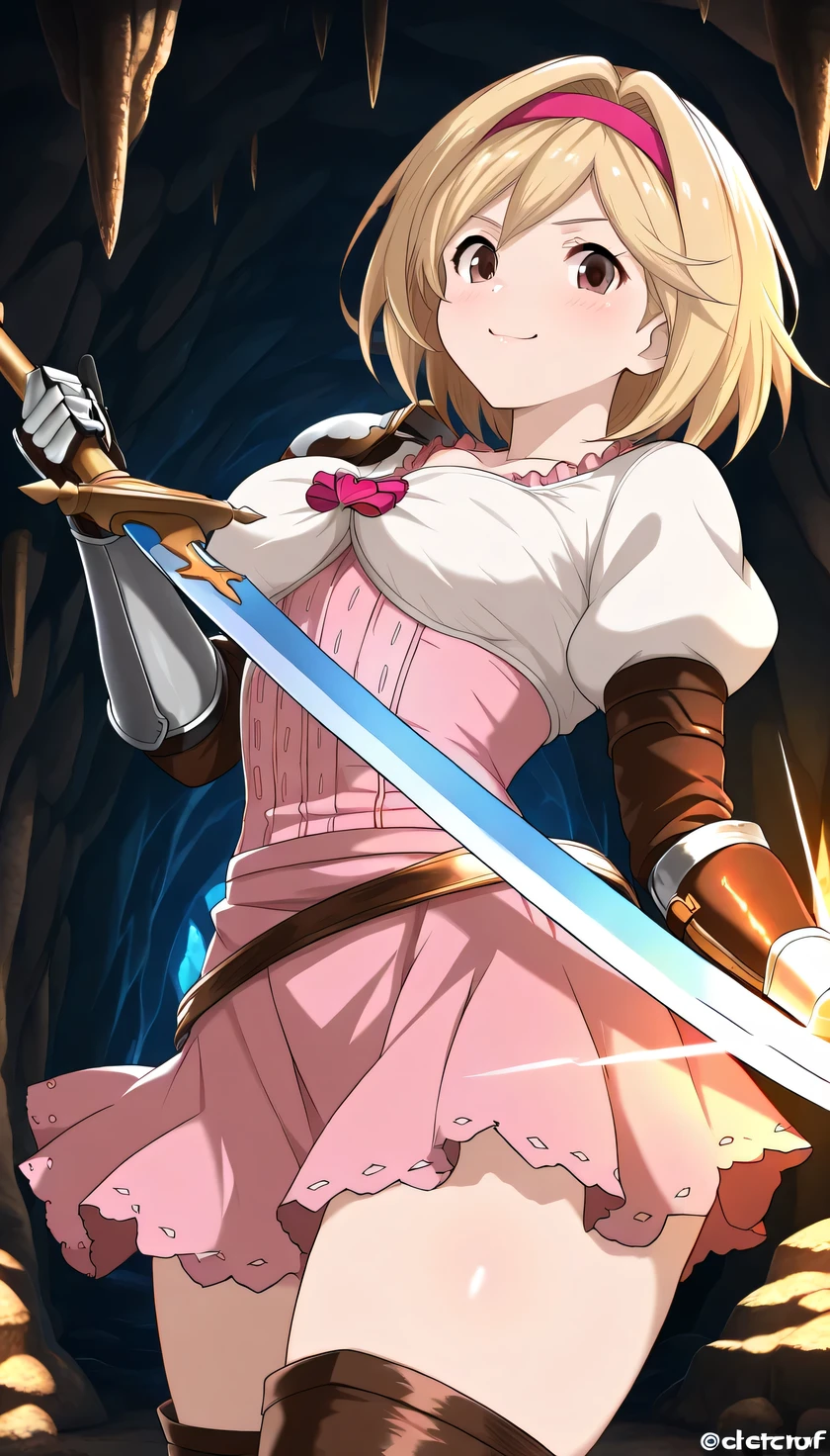 {{{masterpiece}}}, (best quality:1.5), (ultra-detailed:1.5), {illustration}, {{an extremely delicate and beautiful}}, (beautiful detailed eyes:1.6), absurdres, highres, extremely detailed face, 16k, hd, visual anime de uma jovem mulher, extremamente bonito rosto de anime, anime melhor garota, (perfect hands, perfect anatomy), anime face, djeeta(granblue fantasy), djeetadef, solo, 1girl, cute face, blonde hair, short hair, (brown eyes:1.3), very big eyes, thin waist, big hips, curvaceous, BREAK, pink hairband, pink dress, pink skirt, brown thigh boots, collarbones, gauntlets, armor, thighs, zettai ryouiki, BREAK, weapon, holding weapon, holding, long sword, BREAK, smiling, looking at viewer, flushed cheeks, flash effect, indoor, (underground:1.3), 3D C4v3 Und3rgr0und, stalactites, stalagmites, crystals, upper body, peer in from below, (from side:1.3)