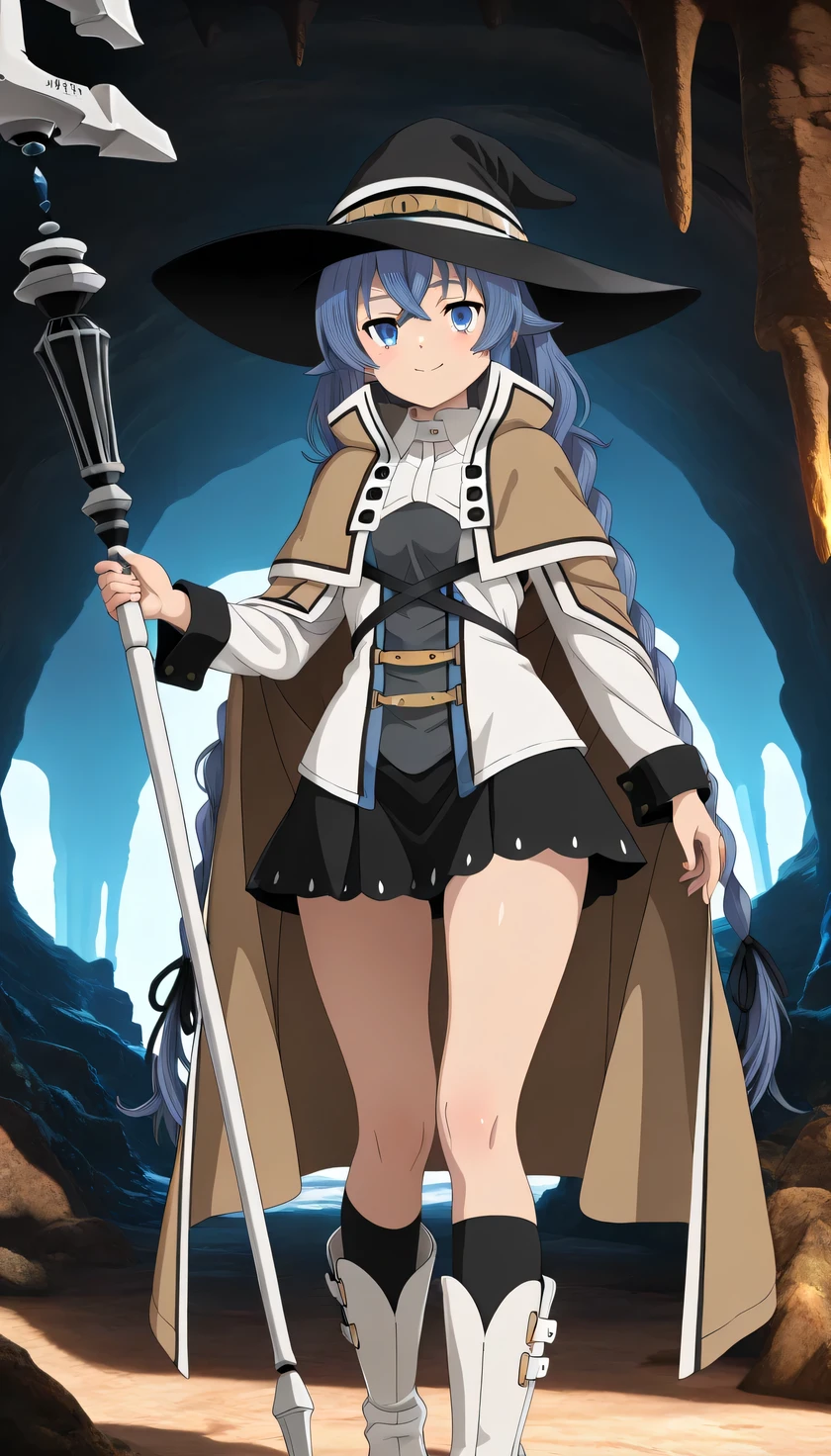 {{{masterpiece}}}, (best quality:1.5), (ultra-detailed:1.5), {illustration}, {{an extremely delicate and beautiful}}, (beautiful detailed eyes:1.2), absurdres, highres, extremely detailed face, 16k, hd, visual anime de uma jovem mulher, extremamente bonito rosto de anime, anime melhor garota, (perfect hands, perfect anatomy), anime face, roxy migurdia(Mushoku Tensei), 1girl, solo, cute face, kawaii, very long hair, blue hair, crossed bangs, sidelocks, braid, black hair ribbon, long hair, twin braids, blue eyes, petite, medium breasts, big hips, curvaceous, BREAK, ,RoxyDress, witch hat, black hat, brown long cape, brown capelet, white jacket, long sleeves, white collar, open clothes, open jacket, black camisole, miniskirt, black skirt, flared skirt, white capelet, black kneehighs socks, white footwear, knee boots, thighs, BREAK, 1girl, solo, magic staff, holding staff, BREAK, smiling, looking at viewer, flushed cheeks, flash effect, indoor, (underground:1.3), 3D C4v3 Und3rgr0und, stalactites, stalagmites, crystals, upper body, peer in from below
