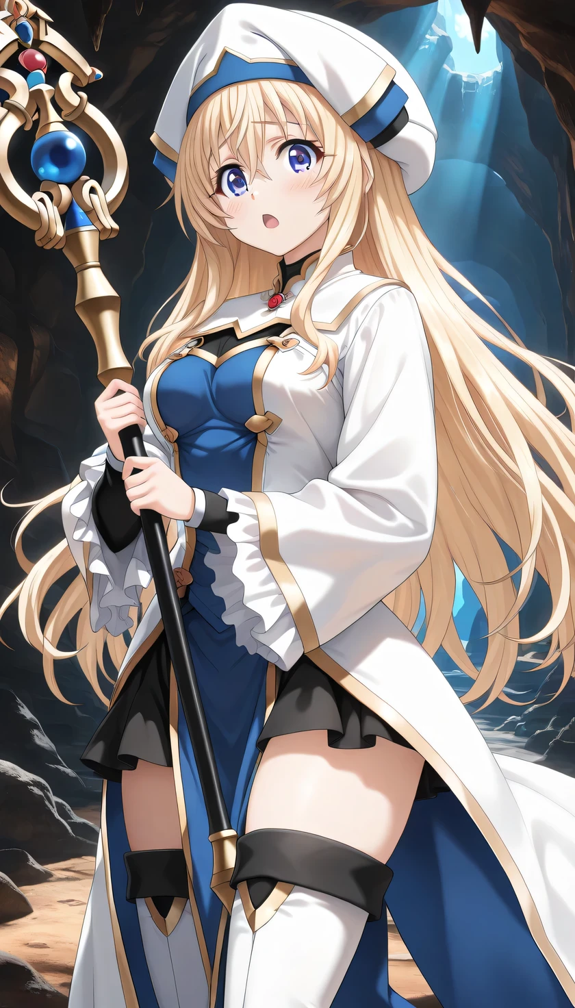 {{{masterpiece}}}, (best quality:1.5), (ultra-detailed:1.5), {illustration}, {{an extremely delicate and beautiful}}, (beautiful detailed eyes:1.6), absurdres, highres, extremely detailed face, 16k, hd, visual anime de uma jovem mulher, extremamente bonito rosto de anime, anime melhor garota, (perfect hands, perfect anatomy), anime face, priestess(Goblin Slayer!), 1girl, solo, cute face, blonde hair, long hair, straight hair, half up, hair between eyes, sidelocks, flushed cheeks, (blue eyes:1.2), medium breasts, big hips, curvaceous, BREAK, white headwear, white dress, frilled sleeves, frills, long sleeves, white sleeves, puffy sleeves, wide sleeves, (long pelvic curtain:1.2), blue pelvic curtain, white robe, black mini skirt, ruffle skirt, thighhighs, white thigh boots, high heels, thighs, zettai ryouiki, BREAK, BREAK, 1girl, solo, magic staff, holding staff, open mouth, looking at viewer, flushed cheeks, flash effect, indoor, (underground:1.3), 3D C4v3 Und3rgr0und, stalactites, stalagmites, crystals, upper body, (from side:1.3)