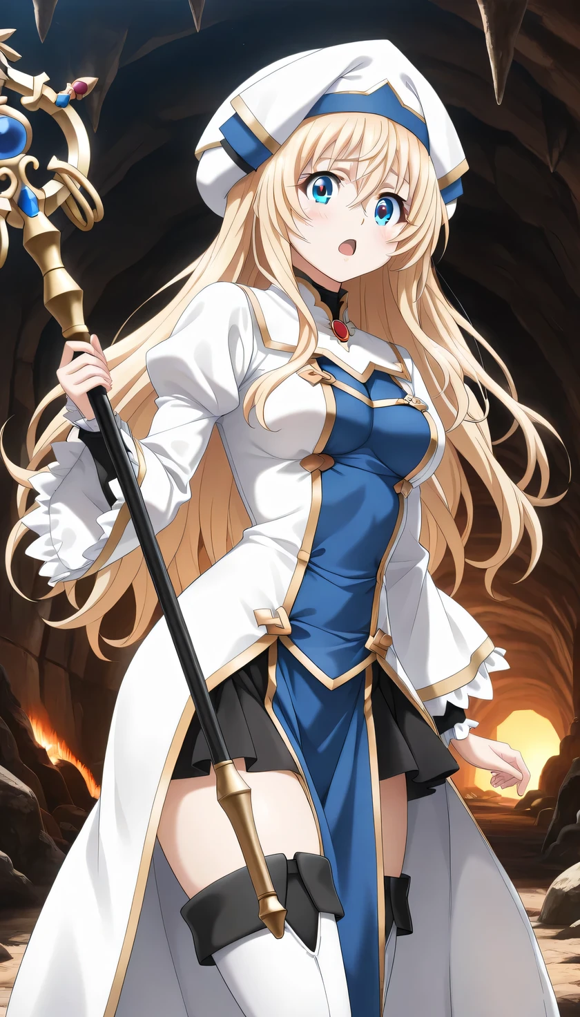 {{{masterpiece}}}, (best quality:1.5), (ultra-detailed:1.5), {illustration}, {{an extremely delicate and beautiful}}, (beautiful detailed eyes:1.6), absurdres, highres, extremely detailed face, 16k, hd, visual anime de uma jovem mulher, extremamente bonito rosto de anime, anime melhor garota, (perfect hands, perfect anatomy), anime face, priestess(Goblin Slayer!), 1girl, solo, cute face, blonde hair, long hair, straight hair, half up, hair between eyes, sidelocks, flushed cheeks, (blue eyes:1.2), medium breasts, big hips, curvaceous, BREAK, white headwear, white dress, frilled sleeves, frills, long sleeves, white sleeves, puffy sleeves, wide sleeves, (long pelvic curtain:1.2), blue pelvic curtain, white robe, black mini skirt, ruffle skirt, thighhighs, white thigh boots, high heels, thighs, zettai ryouiki, BREAK, 1girl, solo, magic staff, holding staff, BREAK, open mouth, looking at viewer, flushed cheeks, flash effect, indoor, (underground:1.3), 3D C4v3 Und3rgr0und, stalactites, stalagmites, crystals, upper body, (from side:1.3)