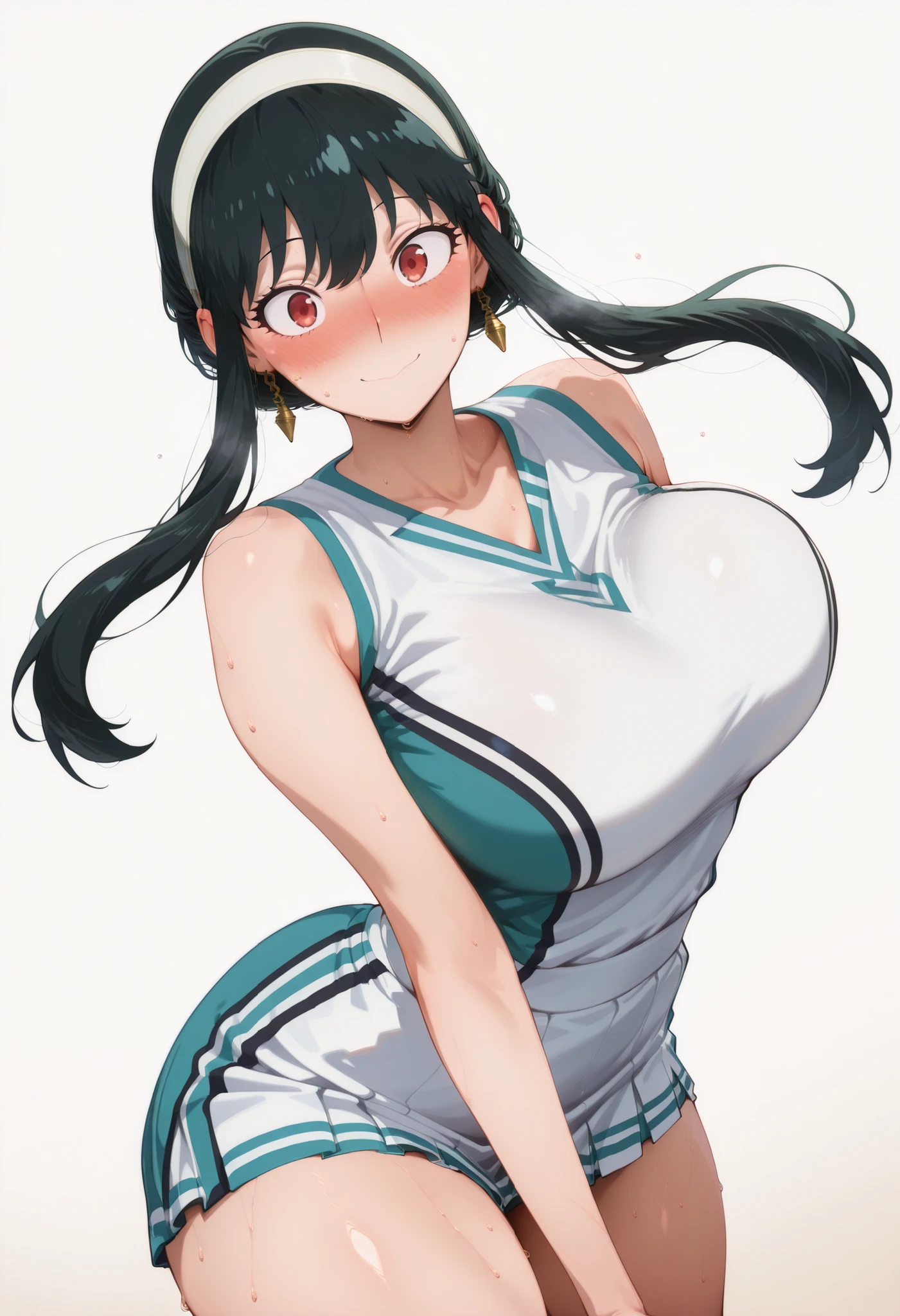 score_9, score_8_up, score_7_up, score_6_up, score_5_up, score_4_up, masterpiece, high quality, yor briar, black hair, red eyes, earrings, white hairband, hairband, long hair, sidelocks, large breasts, shiny skin, shiny hair, shiny body, clear body, large breasts, nose blush, sweat, sweaty, sweaty:1.3,, standing, nice legs,, looking at viewer, thick thigh, thick thighs, nice face, solo, opaque clothes, cowboy shot, nice legs, DYNAMIC POse, , solo, large breasts, thick thigh, dynamic pose, ,,,, LOOKING AT VIEWER, WHITE BACKGROUND, EMPTY BACKGROUND, soft smile,, DYNAMIC POSE, , cheerleader