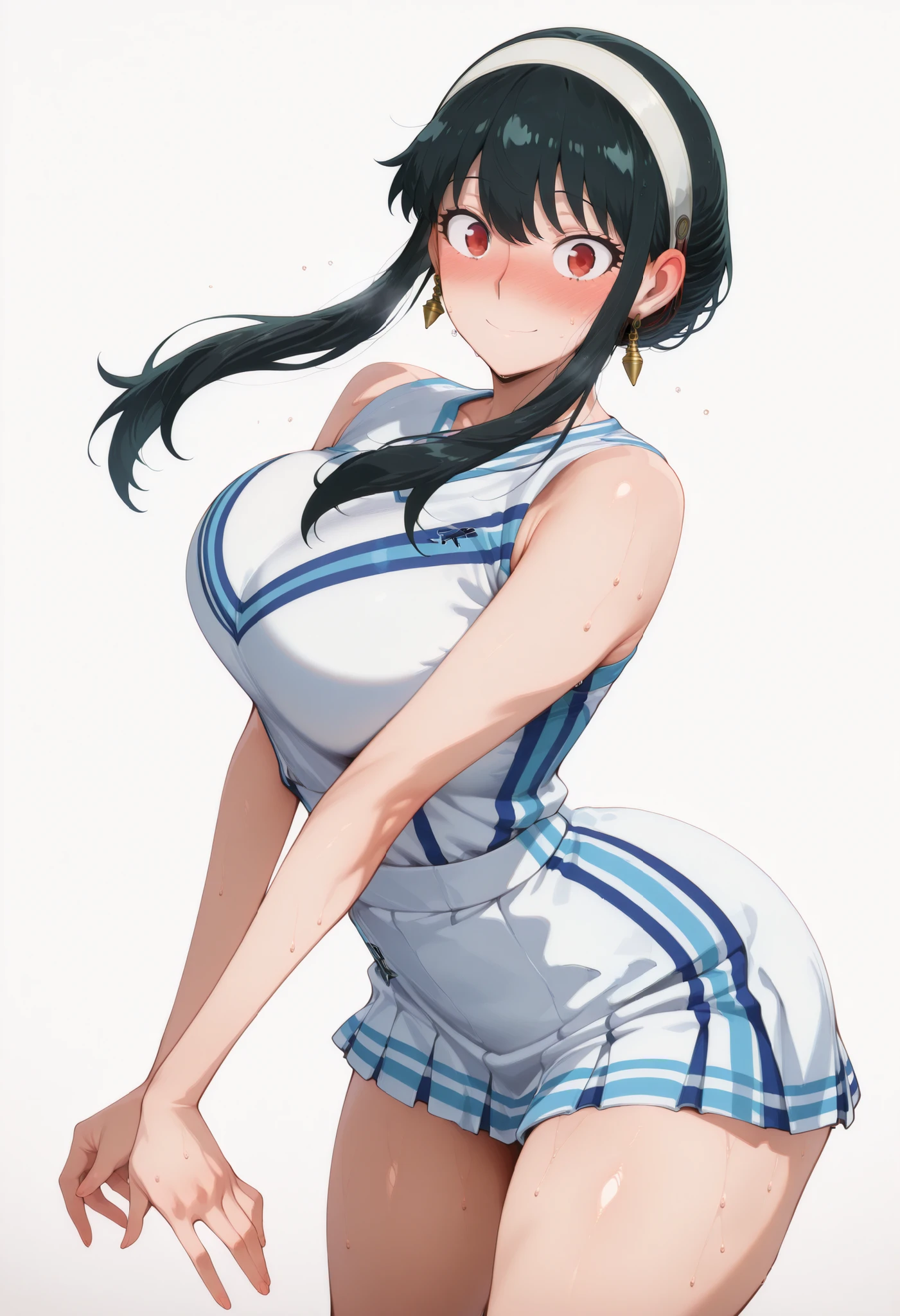 score_9, score_8_up, score_7_up, score_6_up, score_5_up, score_4_up, masterpiece, high quality, yor briar, black hair, red eyes, earrings, white hairband, hairband, long hair, sidelocks, large breasts, shiny skin, shiny hair, shiny body, clear body, large breasts, nose blush, sweat, sweaty, sweaty:1.3,, standing, nice legs,, looking at viewer, thick thigh, thick thighs, nice face, solo, opaque clothes, cowboy shot, nice legs, DYNAMIC POse, , solo, large breasts, thick thigh, dynamic pose, ,,,, LOOKING AT VIEWER, WHITE BACKGROUND, EMPTY BACKGROUND, soft smile,, DYNAMIC POSE, , cheerleader