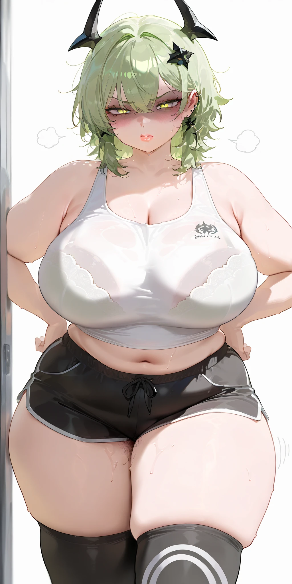 score_9, score_7_up,  1girl, 
solo, huge breasts, wide hips, thick thighs, skindentation, cameltoe, short hair, breasts, shorts, sports bra, towel, plump, black shorts, holding, blush, stomach, thighs, holding towel, green hair, green eyes, ahoge, towel around neck, bob cut, navel, yellow background, cleavage, orange sports bra, curvy, hair over one eye, short shorts, heart