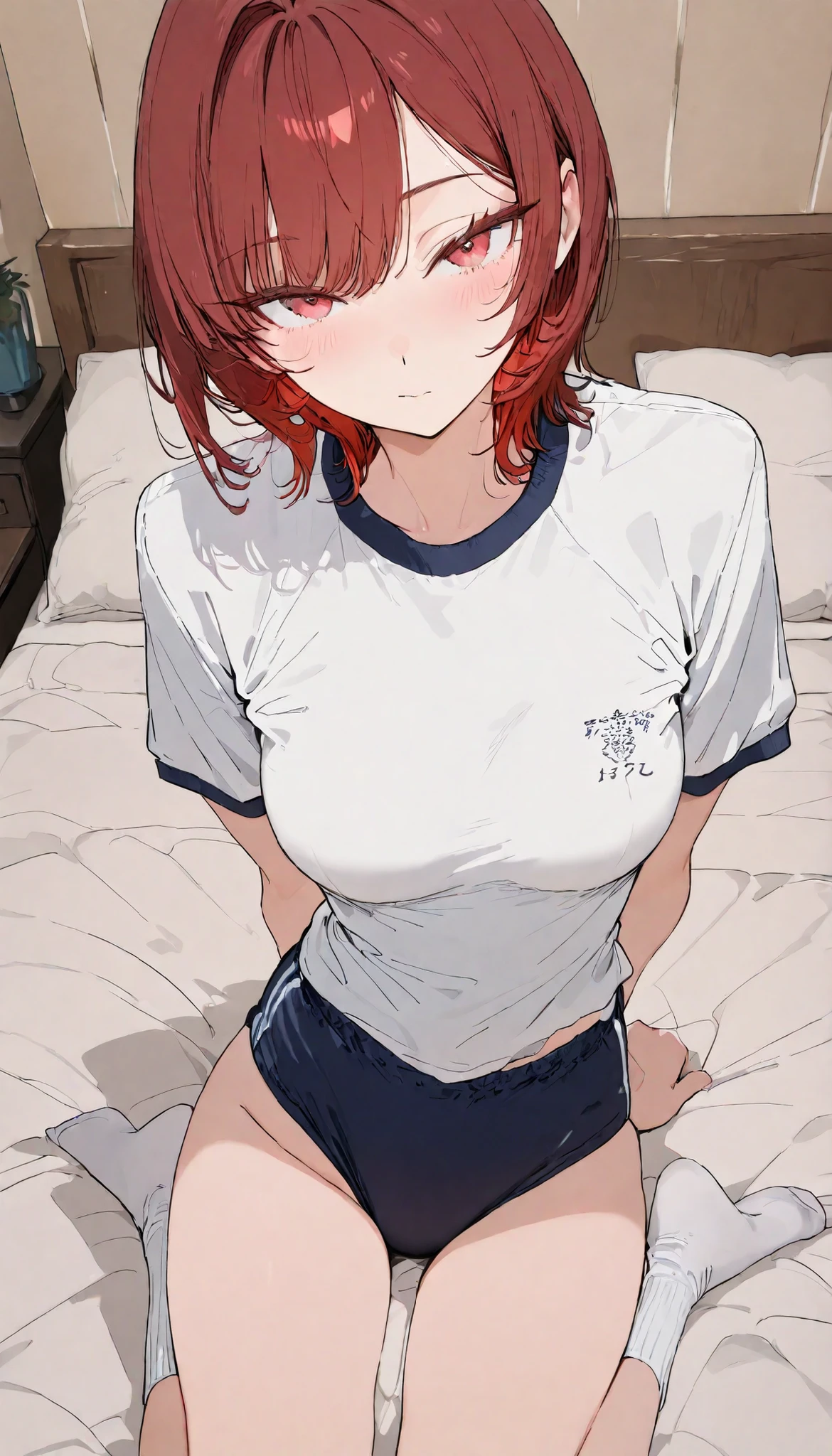 Masterpiece, top quality, very detailed , close-up, Animation Style, Japanese illustration style, A beautiful and cute woman with a perfect body, slim, (crimson red hair, long wolf cut, tousled layers, full bangs, soft bangs), red eyes, Medium Breasts, alone, face, look at viewer, both hands behind back, blush, gym uniform, white t-shirt with ringer tee and navy trim, tuck in t-shirt with short sleeves, navy buruma with side white stripes, white ankle socks. hotel, bed room. sitting on bed.