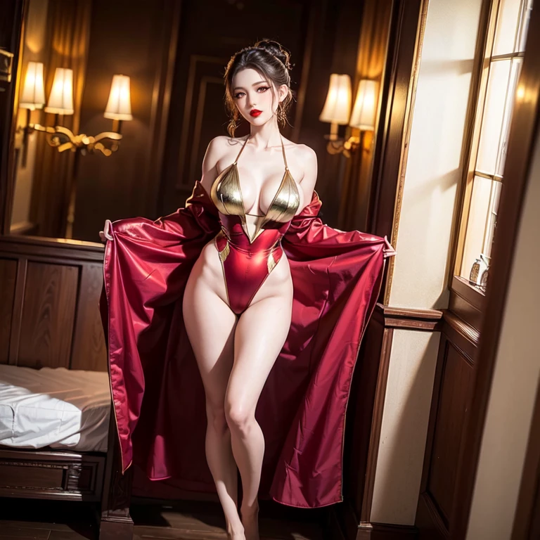 (top-quality, ​masterpiece: 1.1), 1girl in, The whole body from head to toe, In the hustle and bustle of the city, 後ろ向きでお?を突き出すsexypose, beauty of 30 years old, She wears a skimpy Santa Claus costume, Bewitching waist, sexypose, Looking at the camera, Santa Claus wearing a ?????,  Transparent Santa costume with plunging neckline, ??????, ???? Beauties, ?????? protrusions reflected in Santa Claus costume, Crystal clear white skin, Gold accessories on hands and feet, skin glistening with sweat, Black stockings, high-heels,