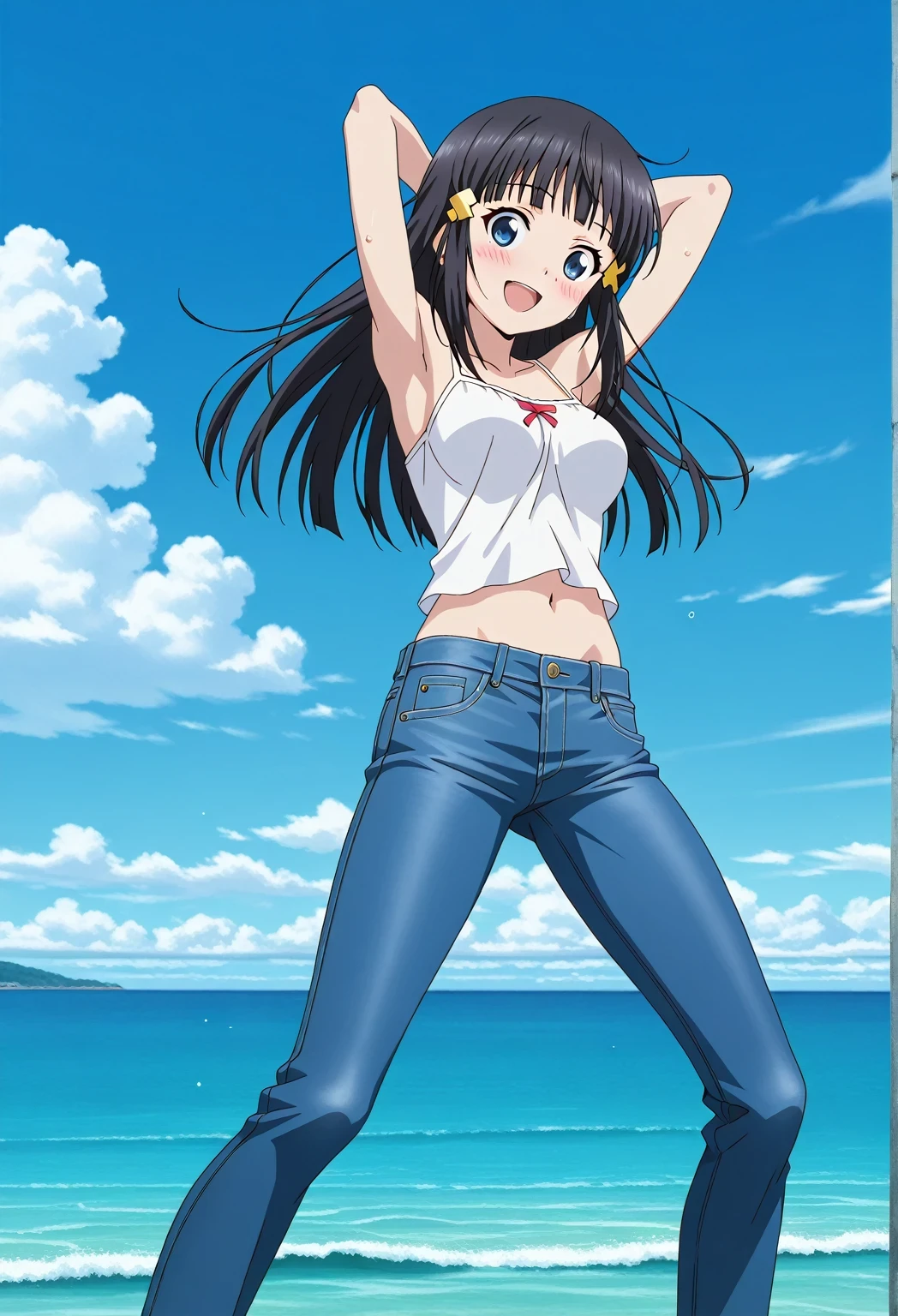 score_9, score_8_up, score_7_up, source_anime, highres, hi res, ((best quality, top quality, perfect quality, Highest Quality, amazing quality)), {{masterpiece}}, {{an extremely delicate and beautiful}}, 2d, intricate details, official style, anime, 8k, anime style, official_anime, official art, digital painting, cell shading, soft shading, high resolution, soothing tones, Subdued Color, Soft cinematic light, adobe lightroom, photolab, HDR, intricately and hyper-detailed, ((high quality animation)), 1 girl, Alone, solo, ((ocean)), tsunami, on the water, day, sunny, outdoors, sky, windy, miyuki shiba, The Irregular at Magic High School, long hair, blue eyes, black hair, hair ornament, yellow x hair ornament, snowflake hair ornament, bangs, blunt bangs, anime screencap, medium breasts, white camisole top, crop top, white crop top, best quality, hyper-detailed jeans, ((blue jeans:1.9)), (dark blue jeans:0.6), full medium body, medium shot, Open mouth, smiling, happy face, blush, sweat, standing, ((arms behind head:6.0)), bowlegged, jumping pose, action, looking at viewer, spread legs, Bend knees slightly, straight-on front view