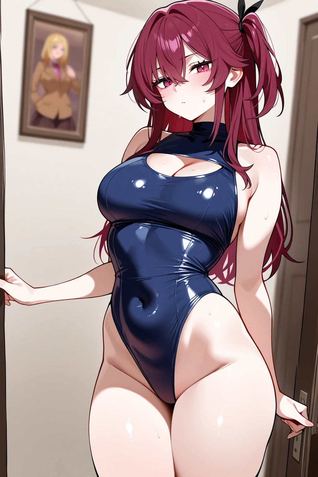 Nelly, pechos grandes,  ,cabello marron
(mejor calidad, Obra maestra, foto cruda,ultra detallado:1.2), 1 chica,solo,mirando al espectador,sonrisa,lleva un  purple swimsuit,purple swmisuit,purple latex swimsuit,purple swimsuit,sexy